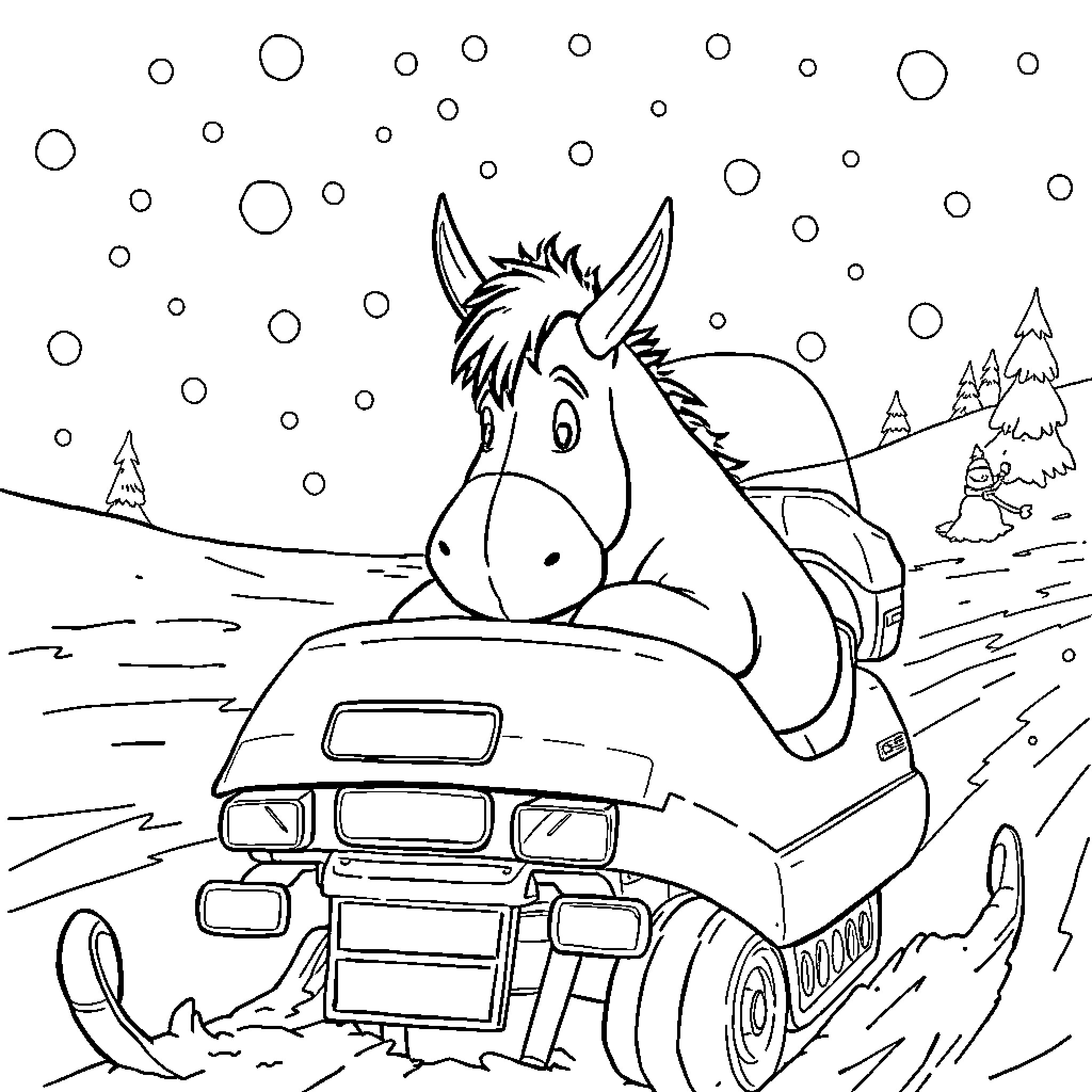 Eeyore driving a winter vehicle Coloring Page (free black-and-white line drawing printable PDF for all, from beginners to advanced learners, including children, teens, adults, and seniors)