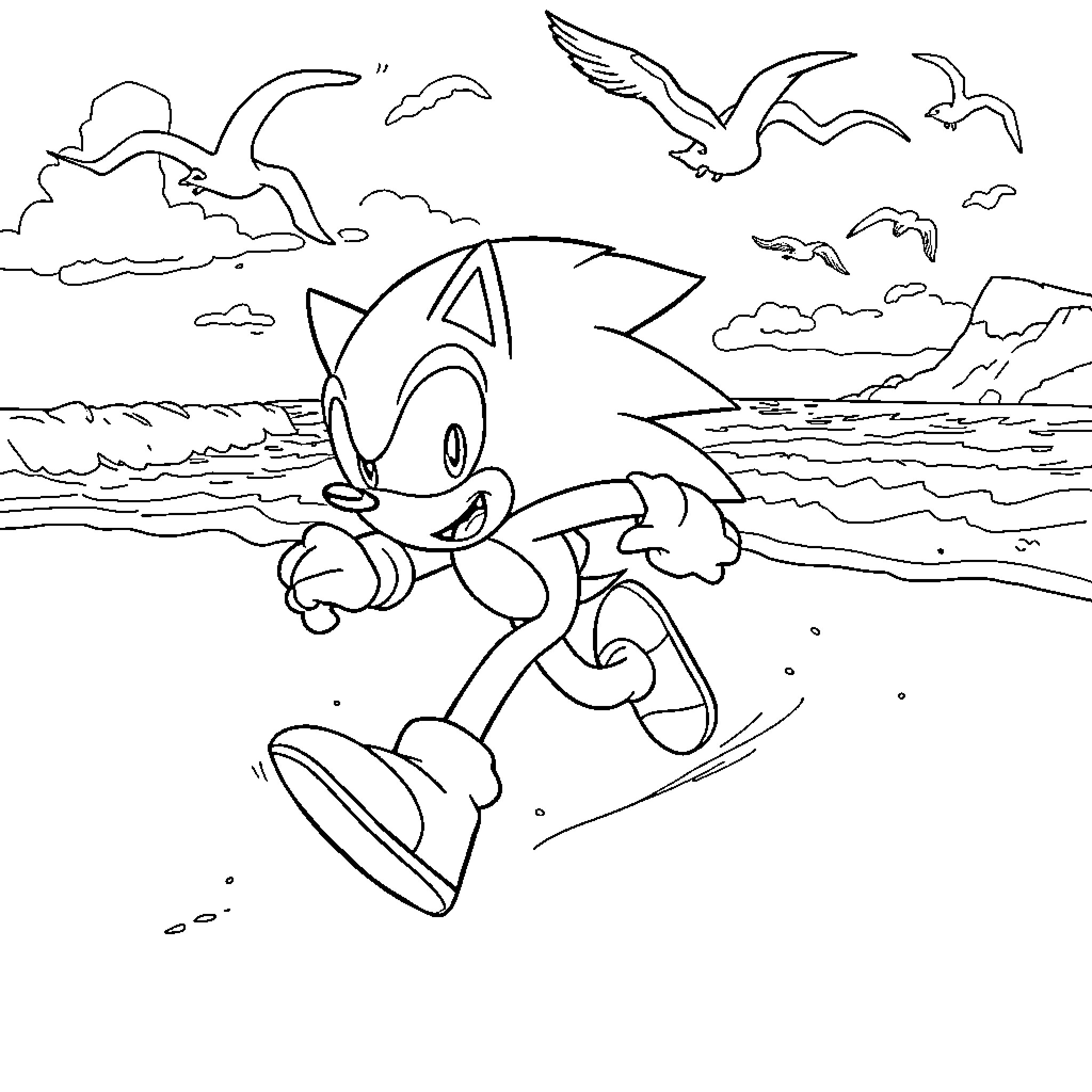 Sonic running swiftly by the ocean shore Coloring Page (free black-and-white line drawing printable PDF for all, from beginners to advanced learners, including children, teens, adults, and seniors)