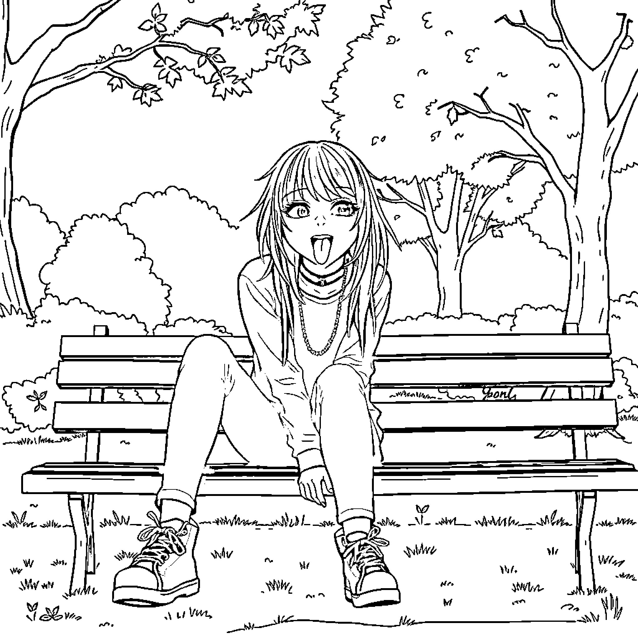 Girl sitting alone on a park bench Coloring Page (free black-and-white line drawing printable PDF for all, from beginners to advanced learners, including children, teens, adults, and seniors)