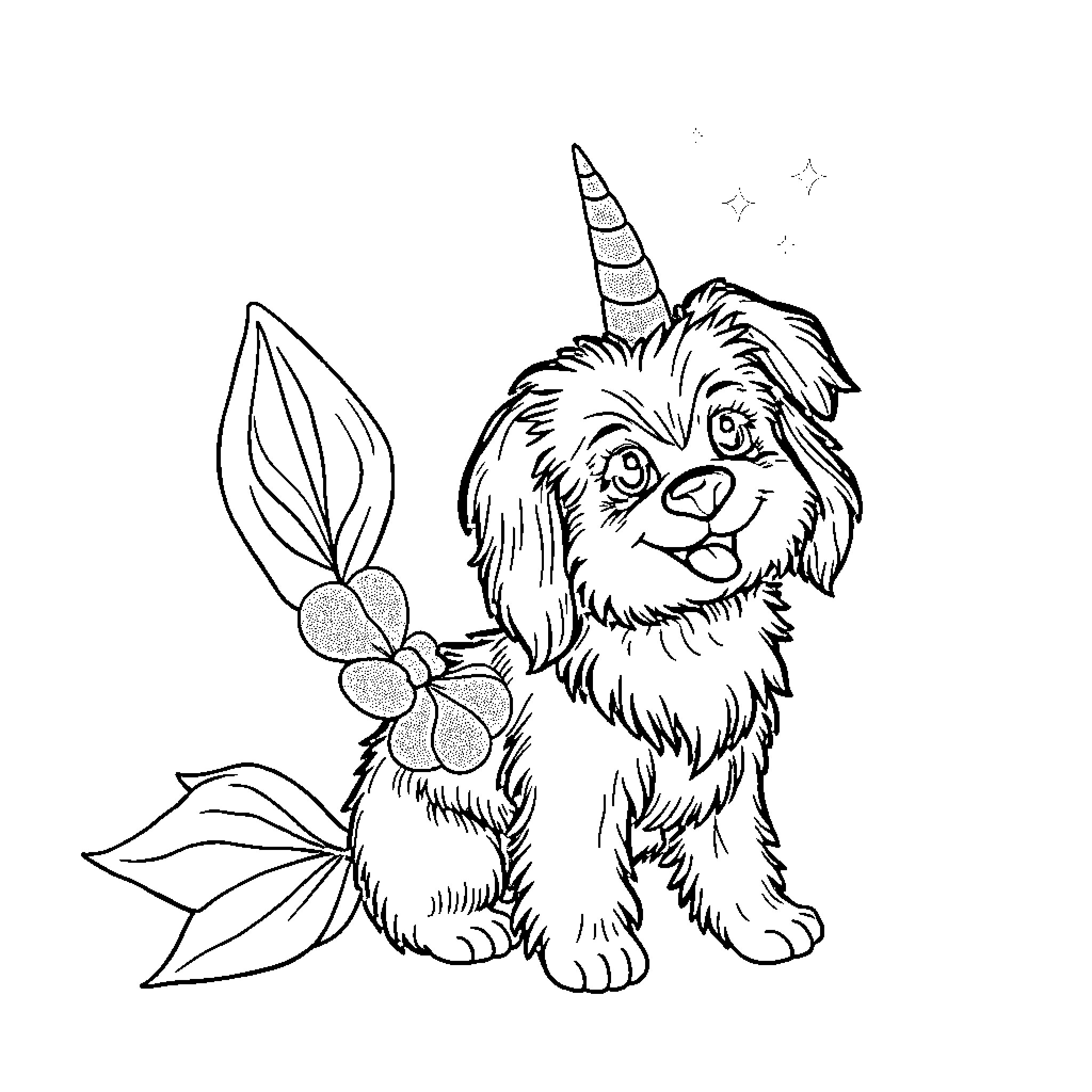 Dog dressed as a unicorn with flowers Coloring Page (free black-and-white line drawing printable PDF for all, from beginners to advanced learners, including children, teens, adults, and seniors)