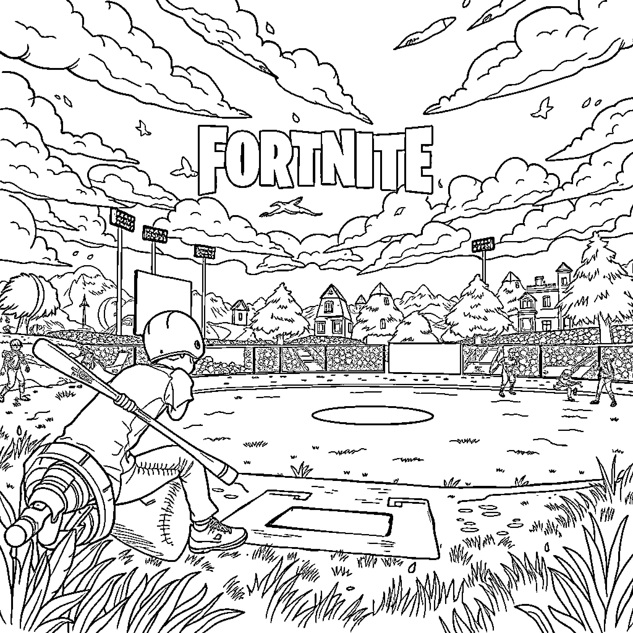 Baseball players in action on Fortnite field Coloring Page (free black-and-white line drawing printable PDF for all, from beginners to advanced learners, including children, teens, adults, and seniors)