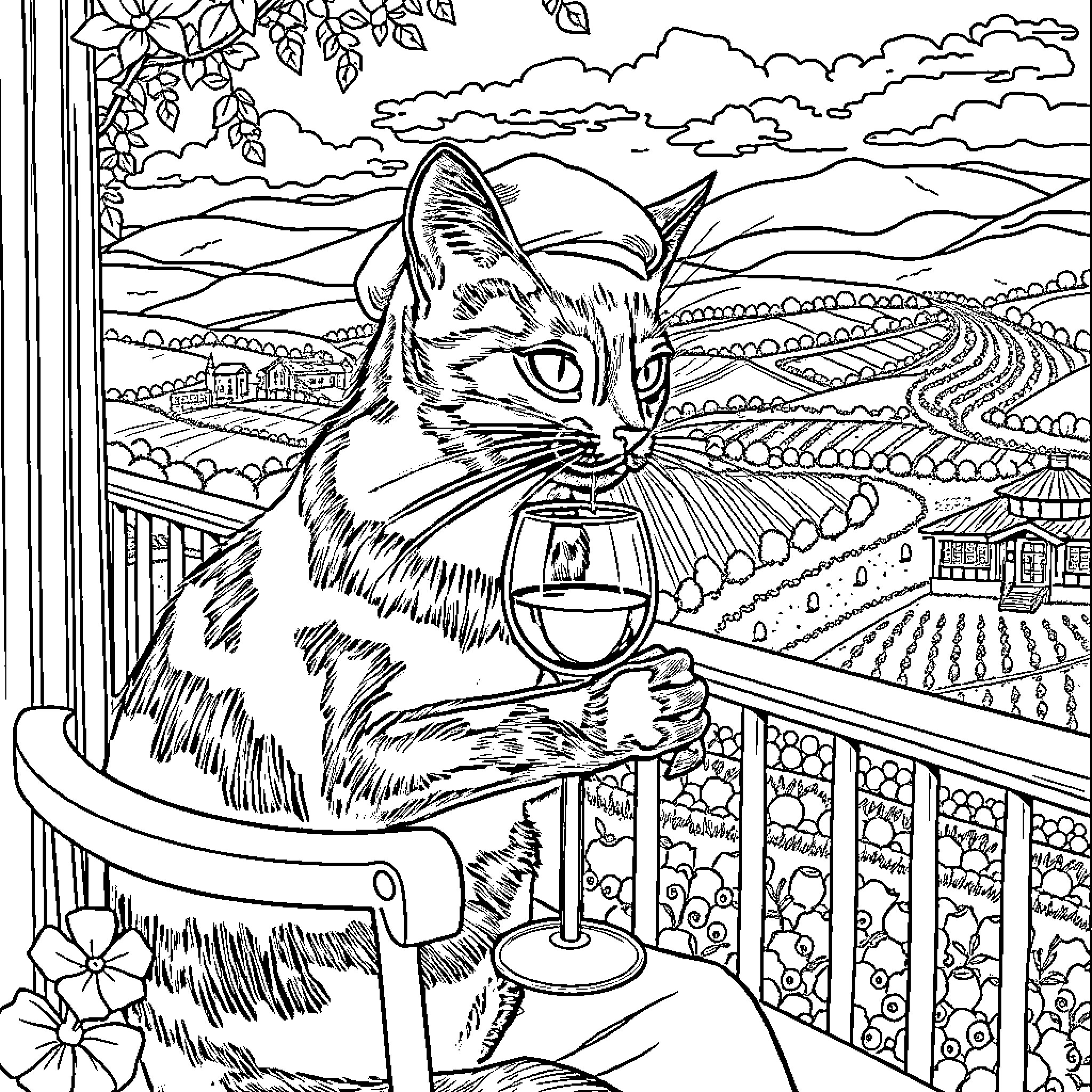 Cat relaxing on the porch with a scenic view Coloring Page (free black-and-white line drawing printable PDF for all, from beginners to advanced learners, including children, teens, adults, and seniors)