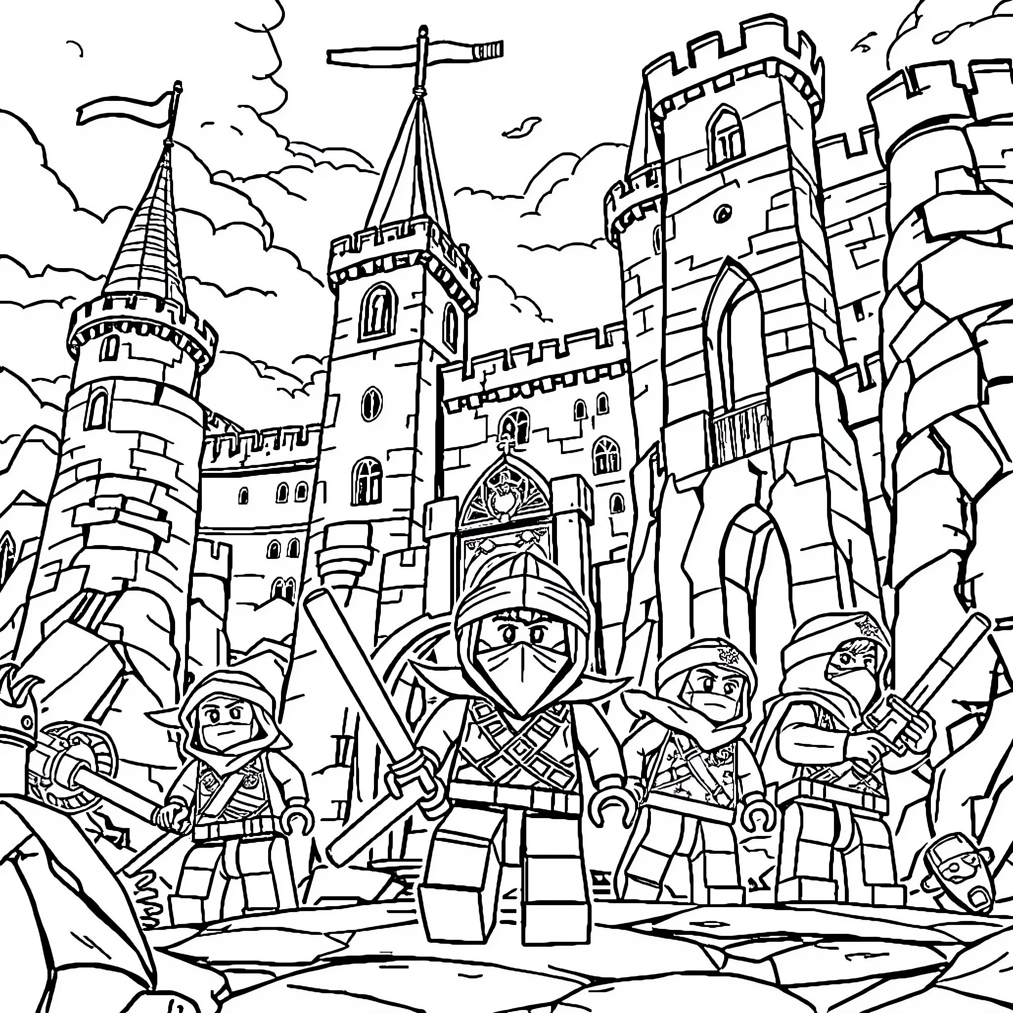 Ninjago Warriors Defending the Castle Coloring Page (free black-and-white line drawing printable PDF for all, from beginners to advanced learners, including children, teens, adults, and seniors)