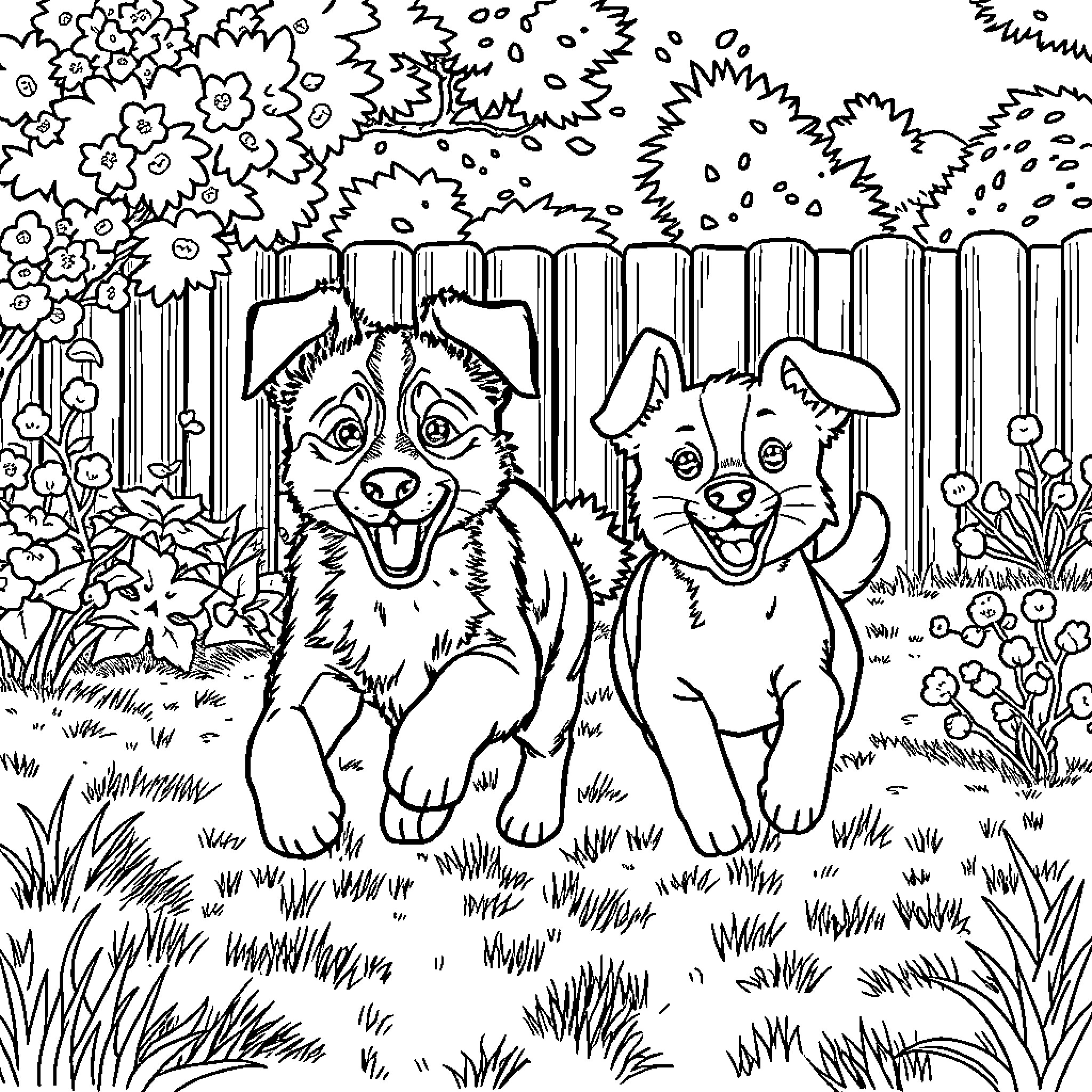 Bluey and Bingo playing joyfully in the backyard Coloring Page (free black-and-white line drawing printable PDF for all, from beginners to advanced learners, including children, teens, adults, and seniors)