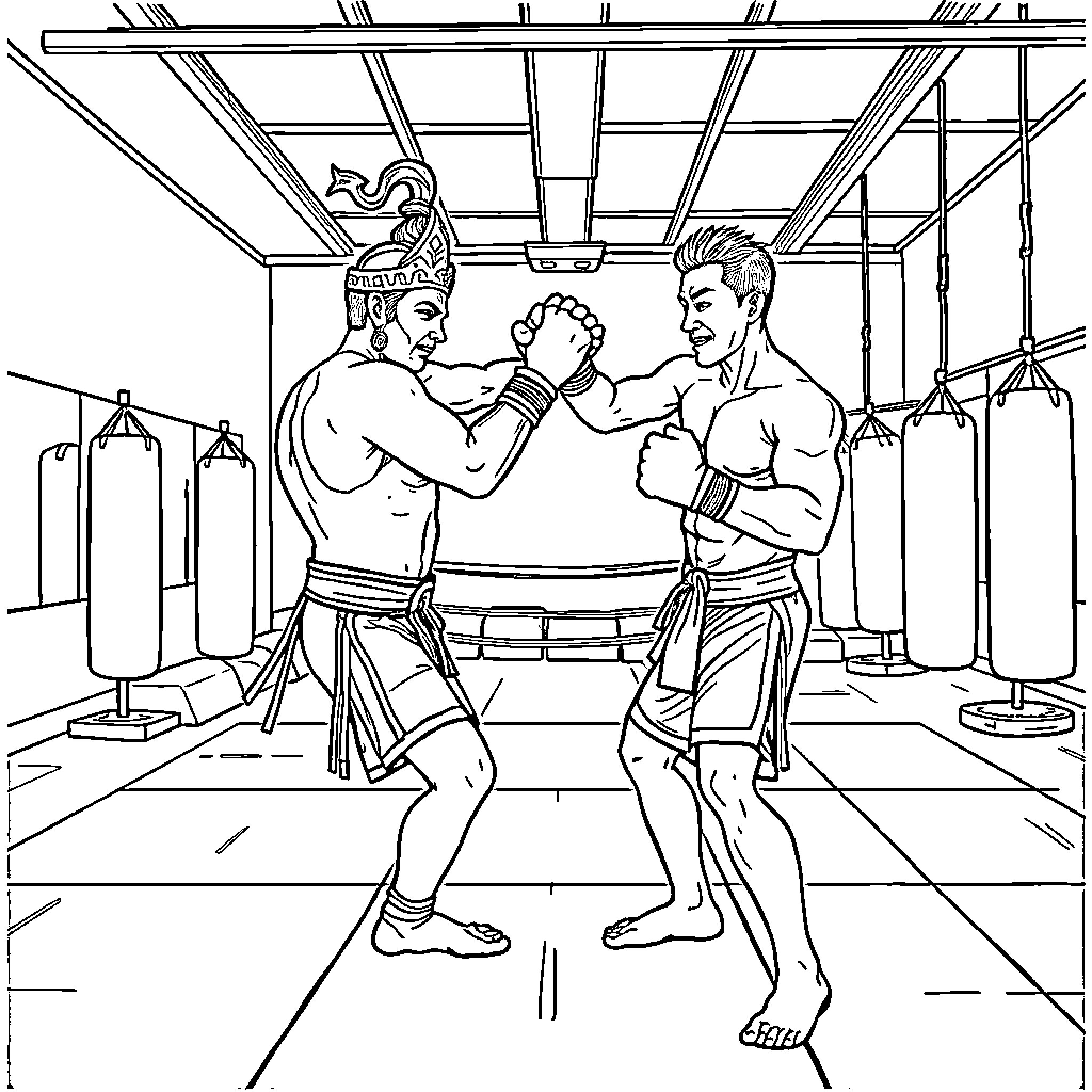 Hanuman sparring with a martial arts opponent in a training gym Coloring Page (free black-and-white line drawing printable PDF for all, from beginners to advanced learners, including children, teens, adults, and seniors)