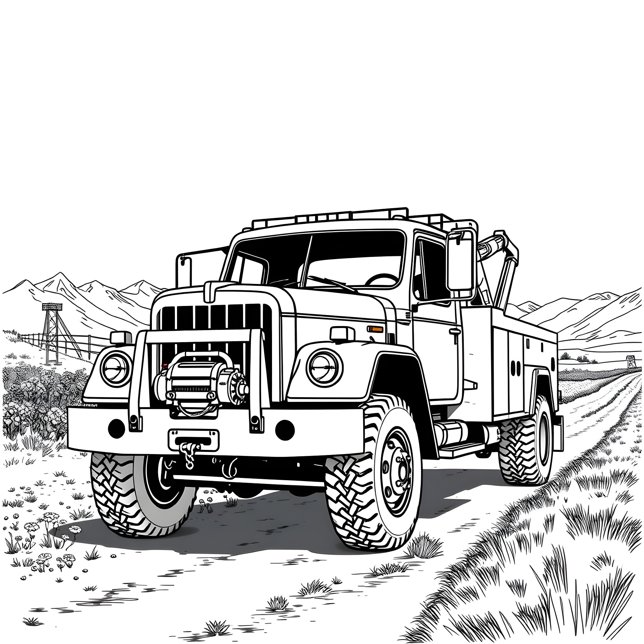 Wrecker truck on rugged terrain Coloring Page (free black-and-white line drawing printable PDF for all, from beginners to advanced learners, including children, teens, adults, and seniors)