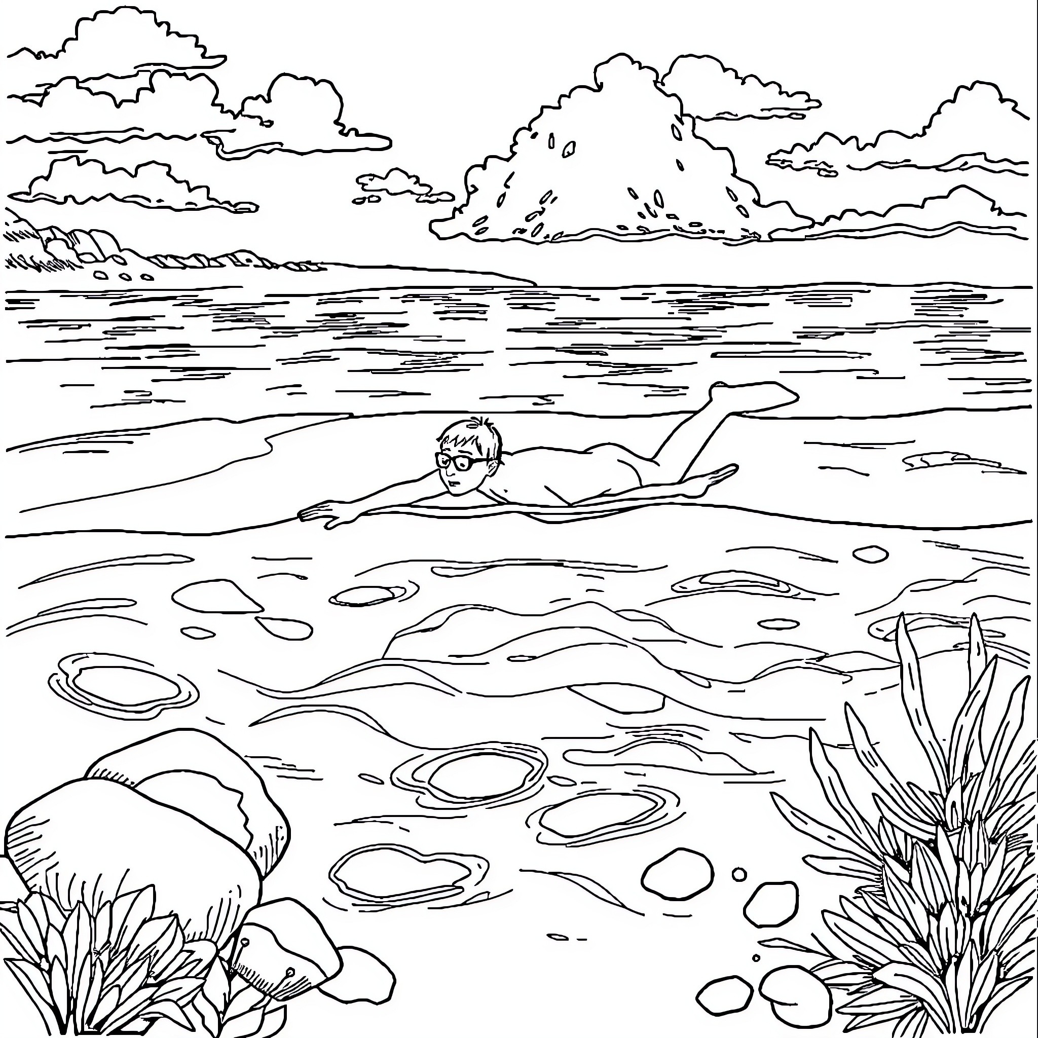 Ocean swimmer relaxing in tranquil waters Coloring Page (free black-and-white line drawing printable PDF for all, from beginners to advanced learners, including children, teens, adults, and seniors)