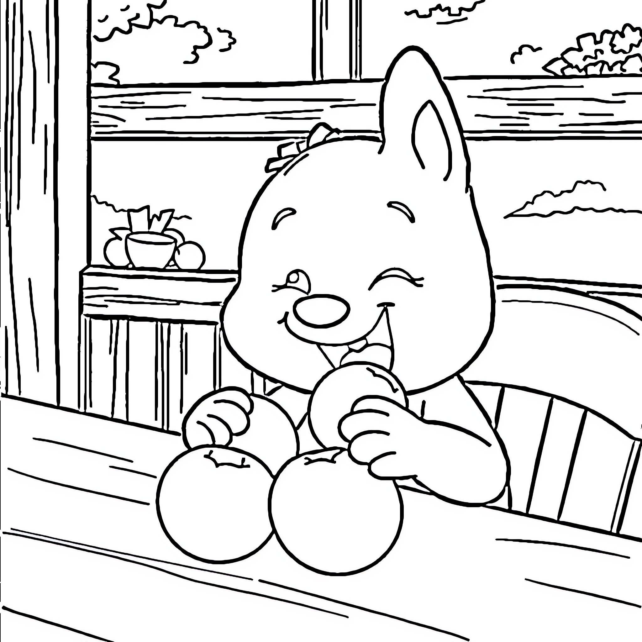 Bluey enjoying apples on the porch Coloring Page (free black-and-white line drawing printable PDF for all, from beginners to advanced learners, including children, teens, adults, and seniors)