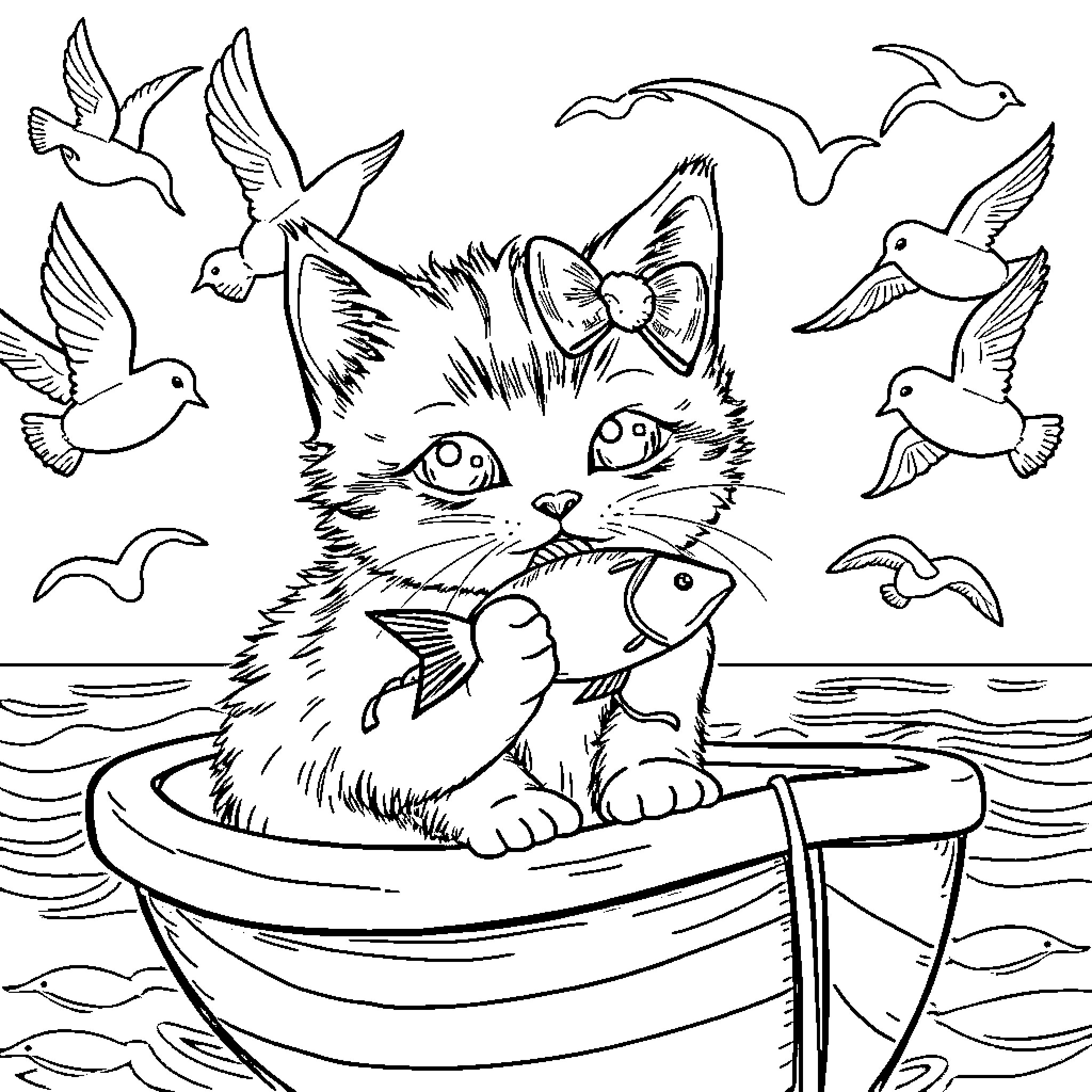 Kitten playing with fish in a boat surrounded by birds Coloring Page (free black-and-white line drawing printable PDF for all, from beginners to advanced learners, including children, teens, adults, and seniors)