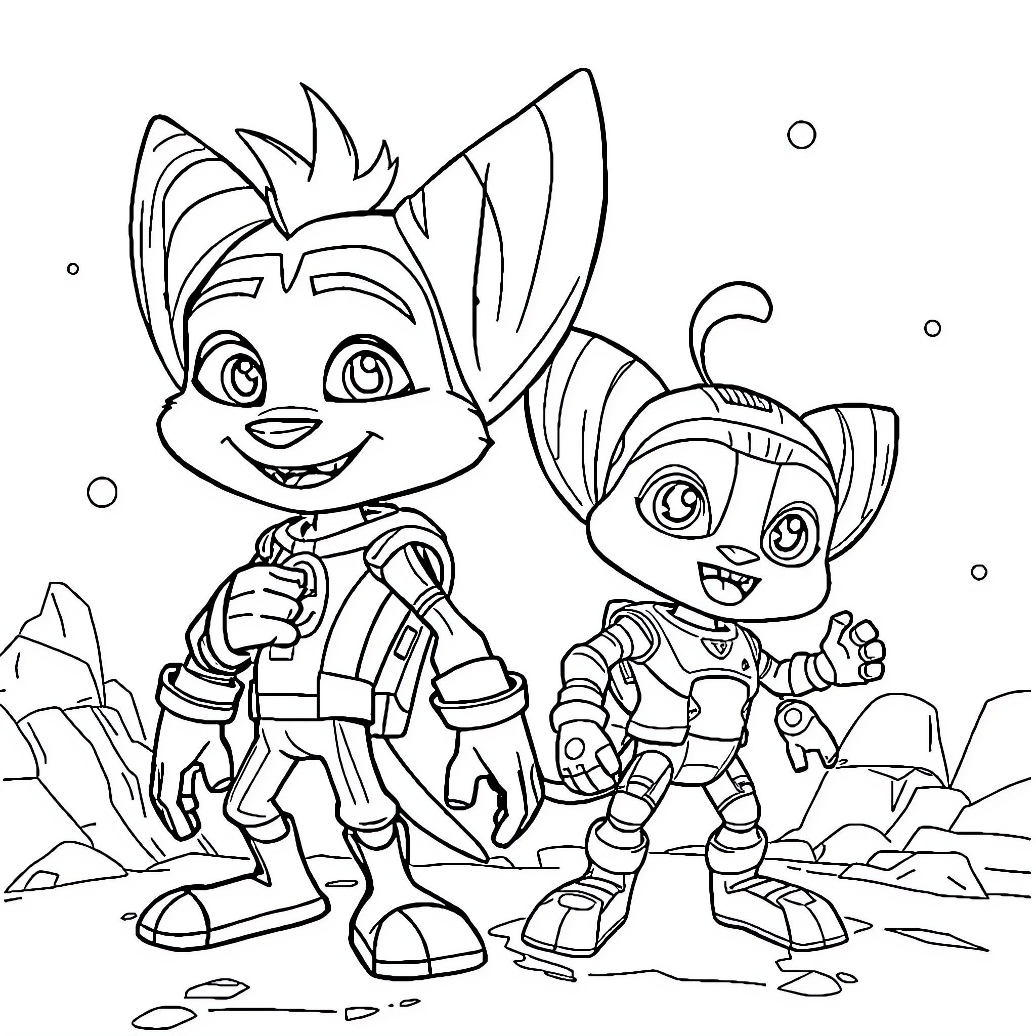 Ratchet and Clank: Playful Robotic Companions Coloring Page (free black-and-white line drawing printable PDF for all, from beginners to advanced learners, including children, teens, adults, and seniors)