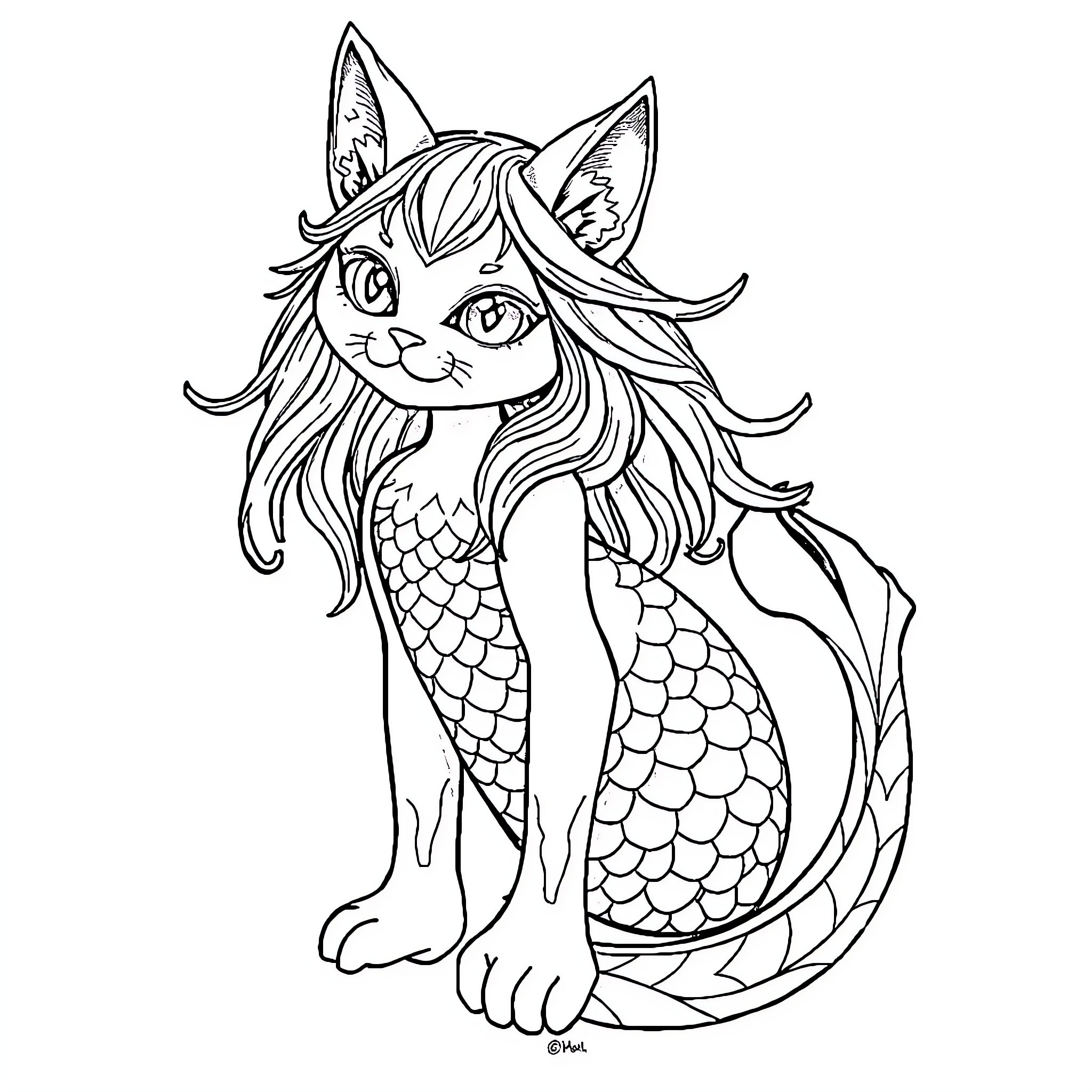 Mermaid-like cat with flowing hair and scales Coloring Page (free black-and-white line drawing printable PDF for all, from beginners to advanced learners, including children, teens, adults, and seniors)