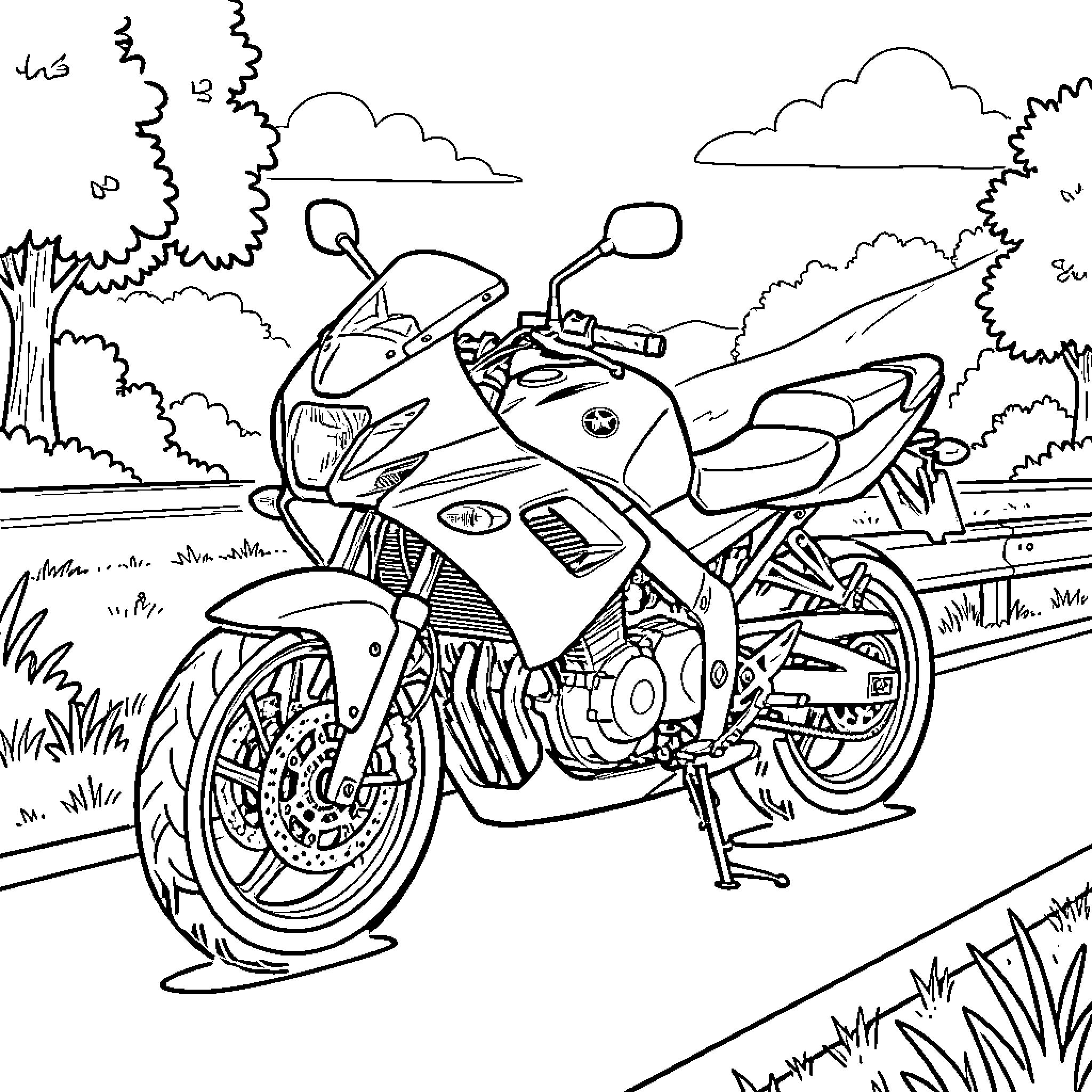 Honda motorcycle parked on a scenic roadside path Coloring Page (free black-and-white line drawing printable PDF for all, from beginners to advanced learners, including children, teens, adults, and seniors)