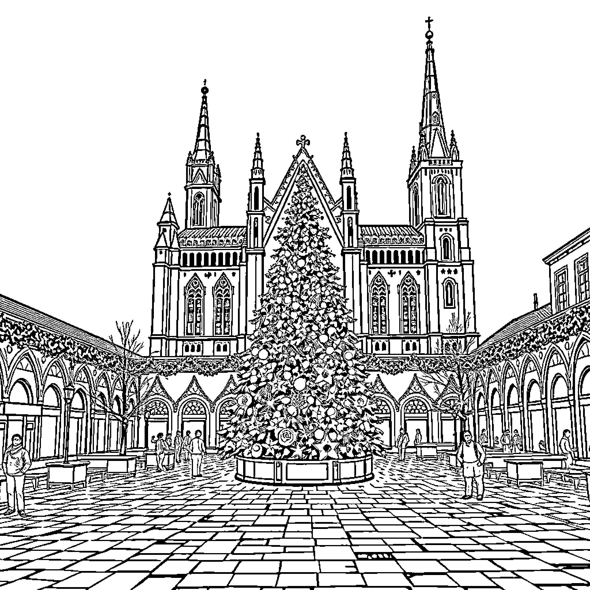 Christmas Celebration at Historic Cathedral Coloring Page (free black-and-white line drawing printable PDF for all, from beginners to advanced learners, including children, teens, adults, and seniors)
