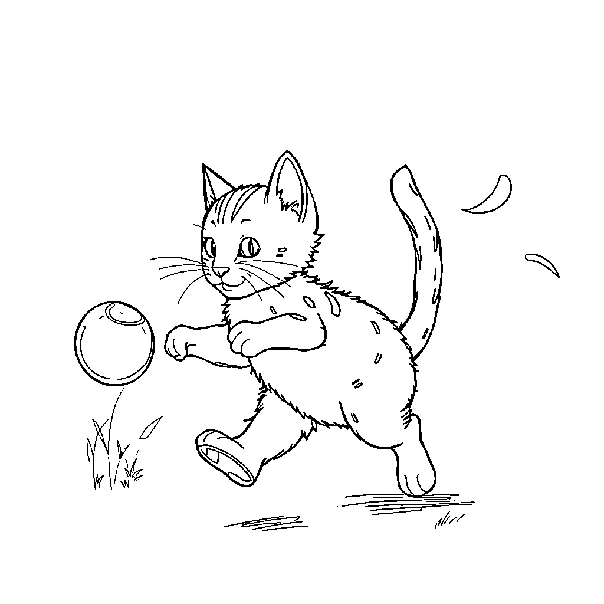 Gato playing happily with ball in field Coloring Page (free black-and-white line drawing printable PDF for all, from beginners to advanced learners, including children, teens, adults, and seniors)