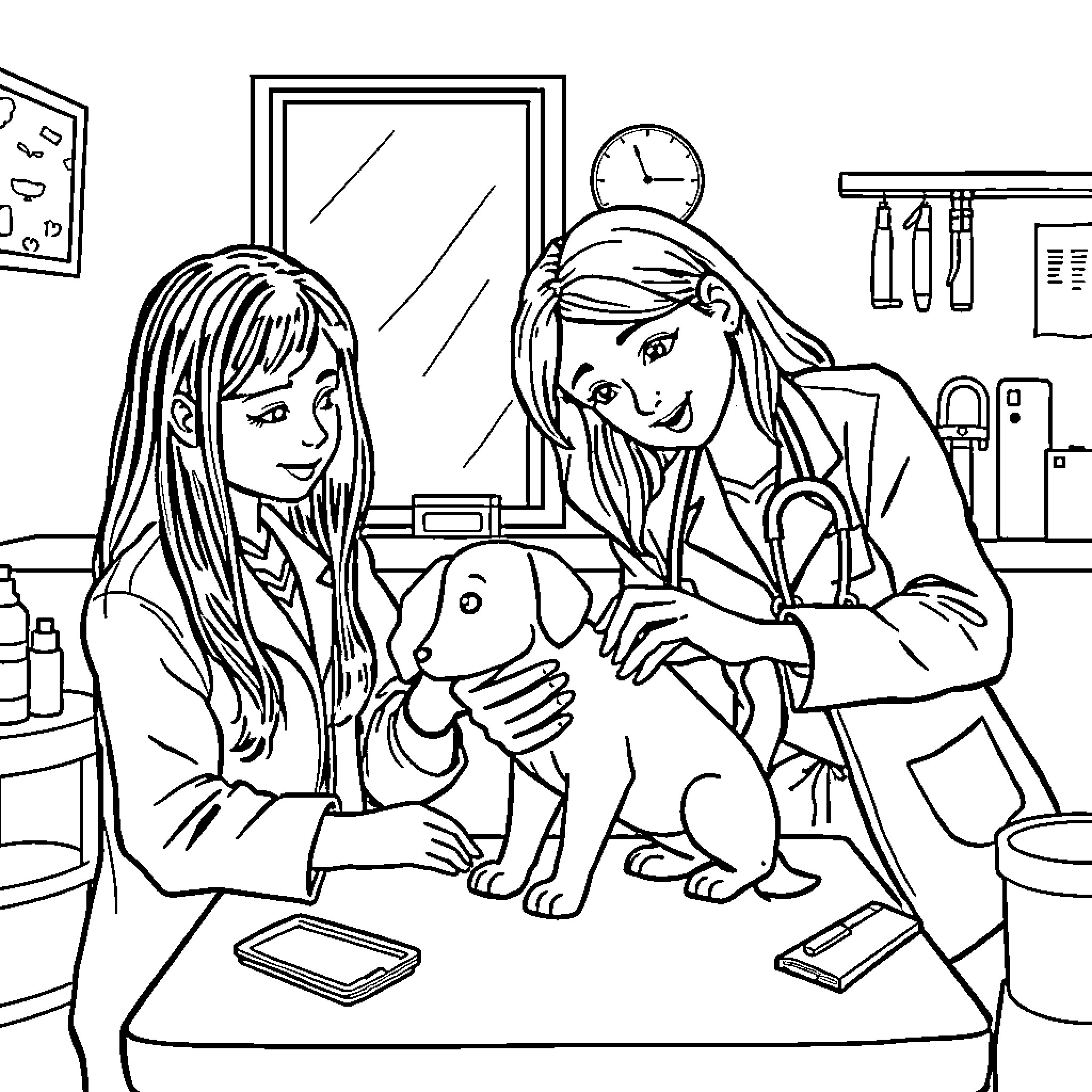 Bibi and Tina at the veterinary clinic Coloring Page (free black-and-white line drawing printable PDF for all, from beginners to advanced learners, including children, teens, adults, and seniors)