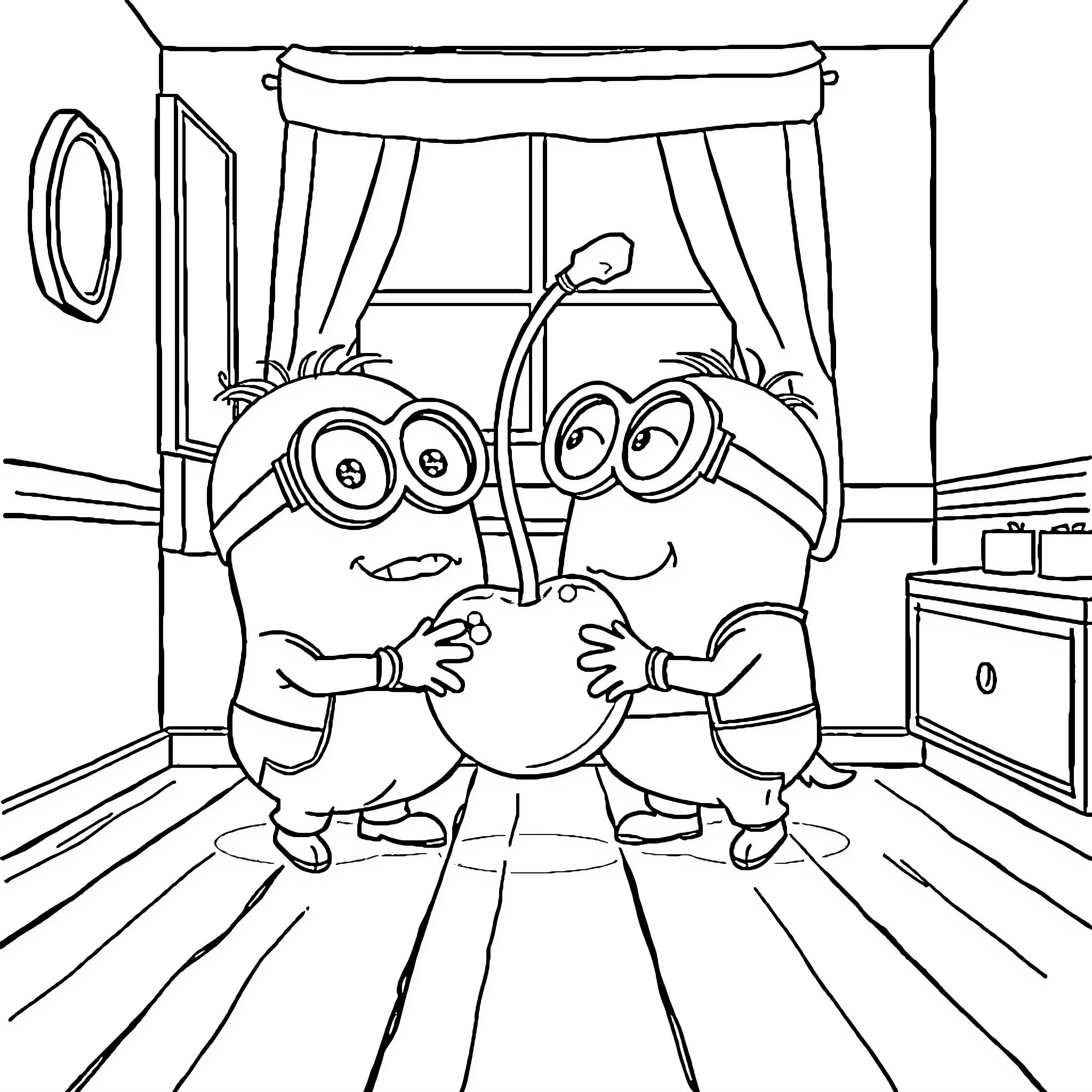 Minions enjoying a cozy moment in their room Coloring Page (free black-and-white line drawing printable PDF for all, from beginners to advanced learners, including children, teens, adults, and seniors)