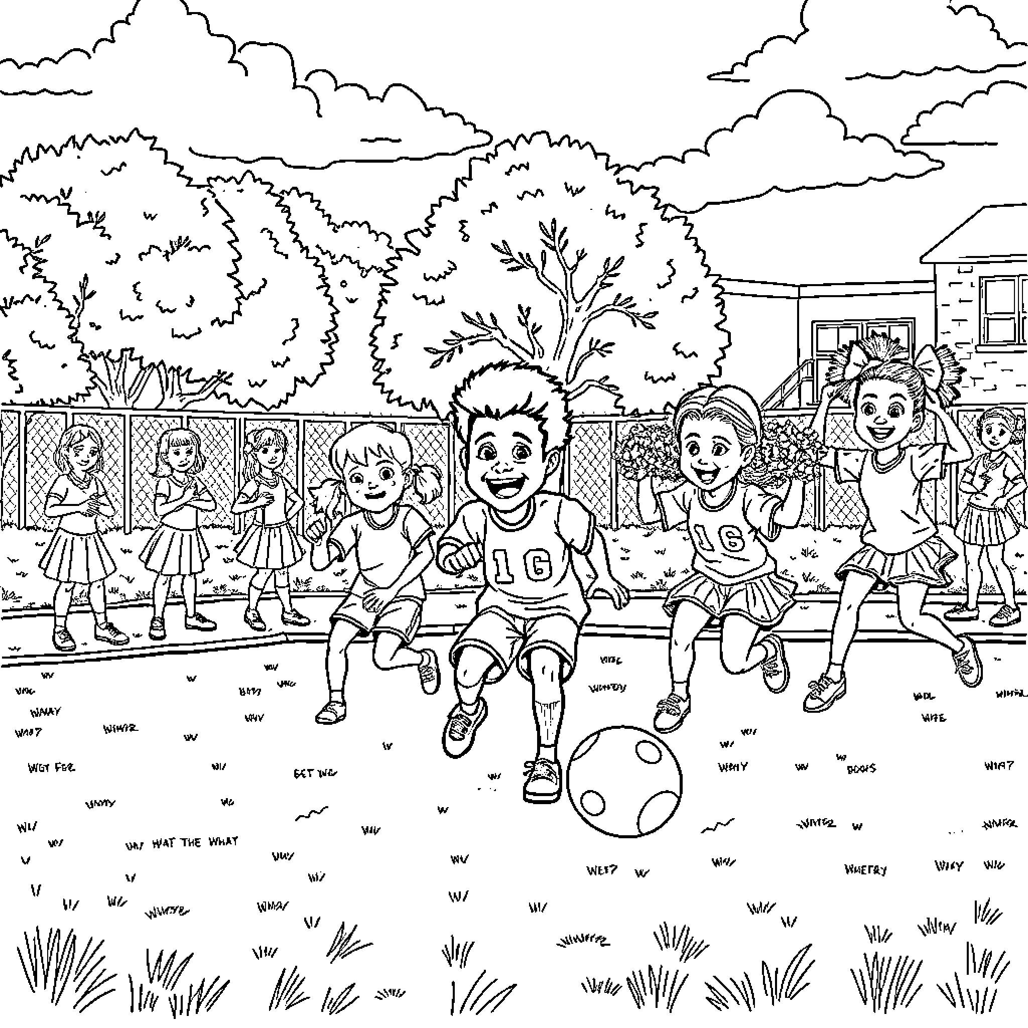 Kid Buddies Enjoying Outdoor Playtime Coloring Page (free black-and-white line drawing printable PDF for all, from beginners to advanced learners, including children, teens, adults, and seniors)