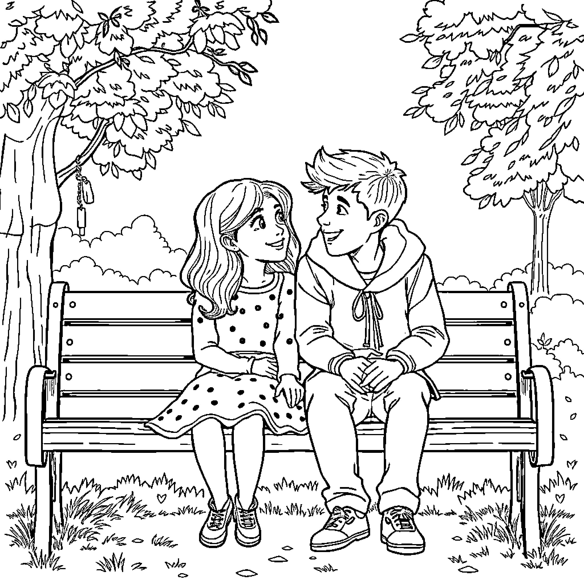 Caleb and Rachel share a tender moment on the park bench Coloring Page (free black-and-white line drawing printable PDF for all, from beginners to advanced learners, including children, teens, adults, and seniors)