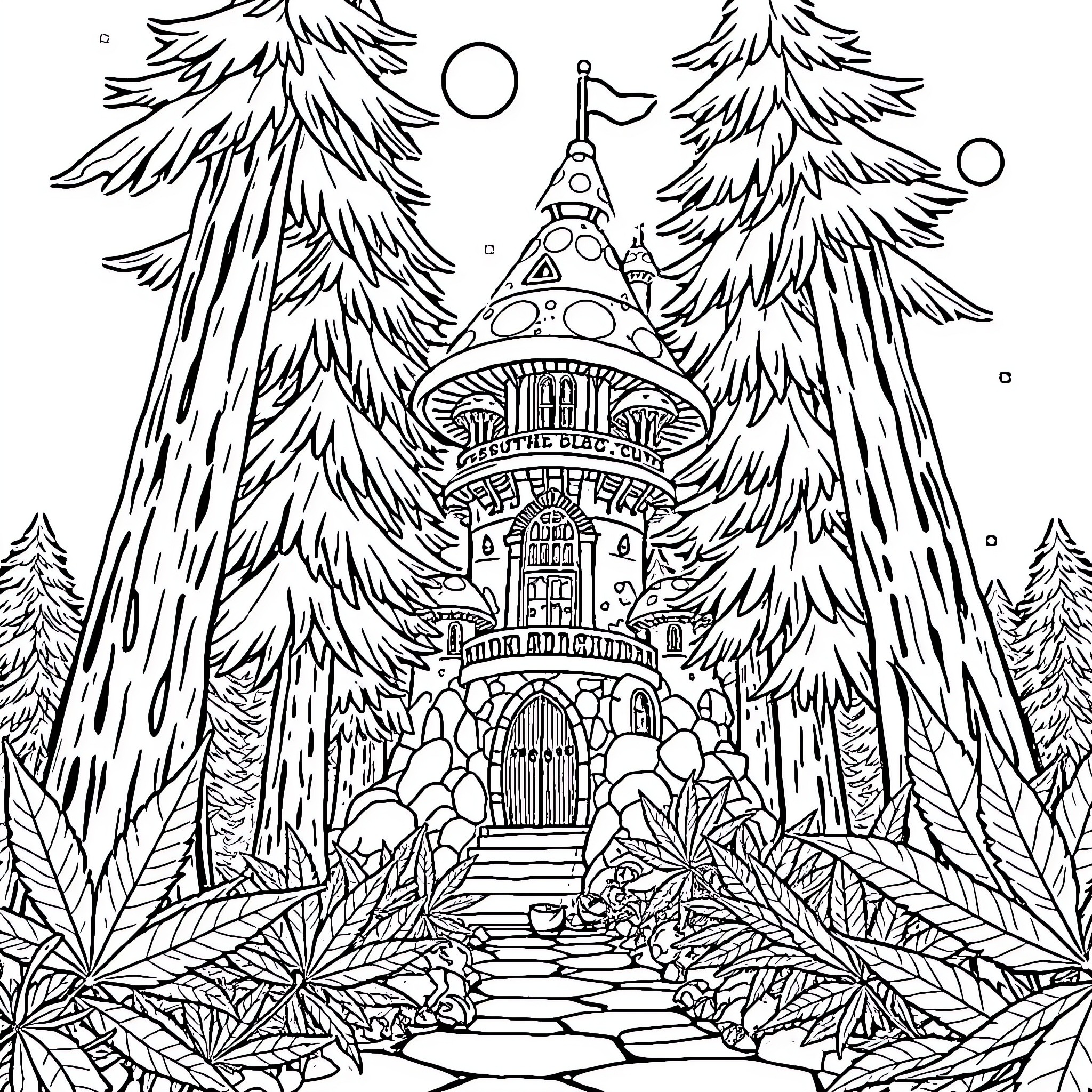 Mushroom house in the enchanted forest Coloring Page (free black-and-white line drawing printable PDF for all, from beginners to advanced learners, including children, teens, adults, and seniors)