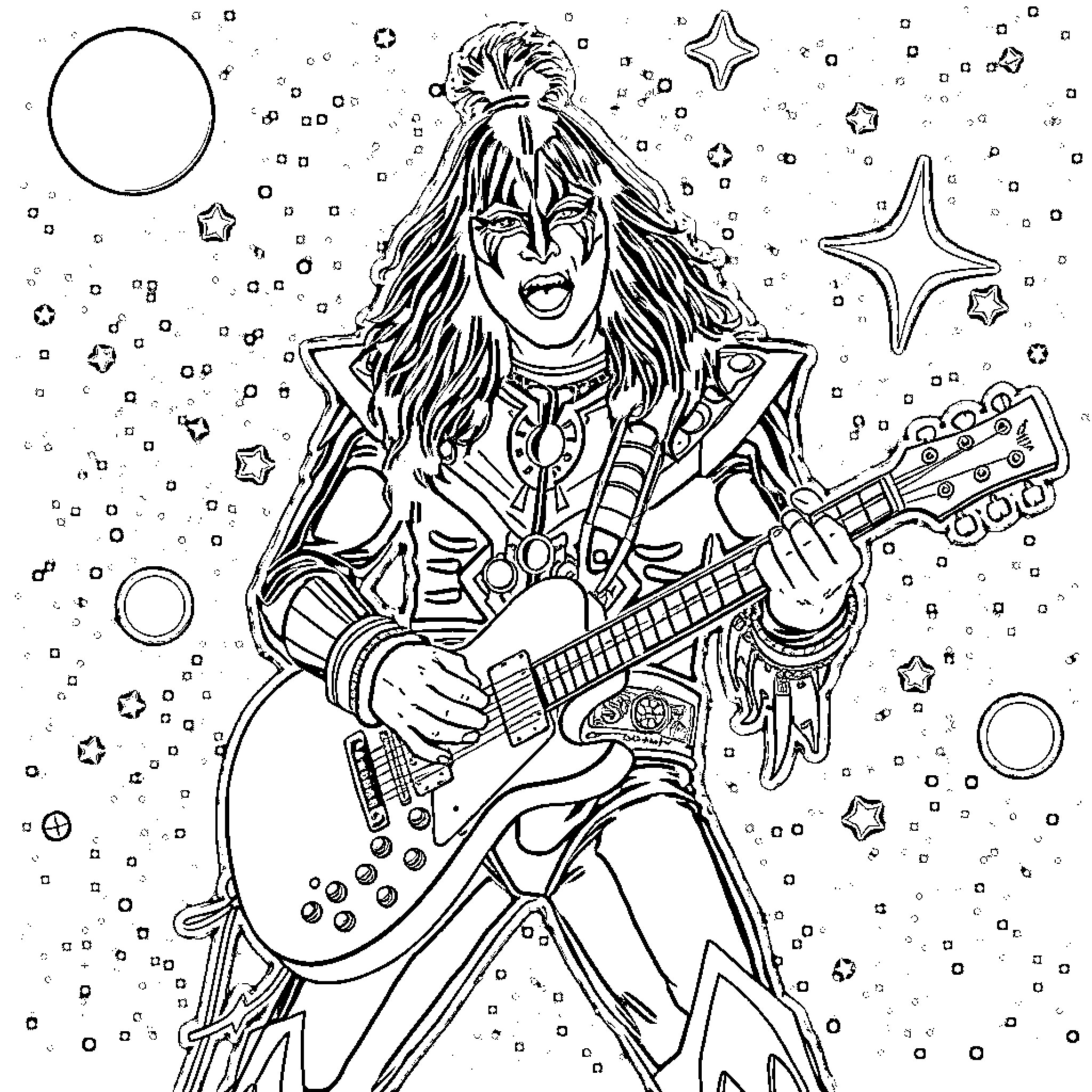 Ace Frehley rocking out in cosmic space scene Coloring Page (free black-and-white line drawing printable PDF for all, from beginners to advanced learners, including children, teens, adults, and seniors)