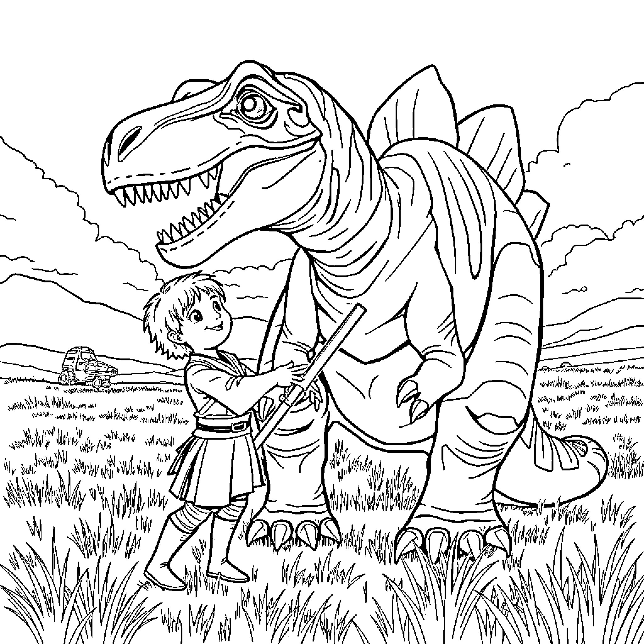 Jedi Knight Battling Fearsome Dinosaur in Grassy Field Coloring Page (free black-and-white line drawing printable PDF for all, from beginners to advanced learners, including children, teens, adults, and seniors)