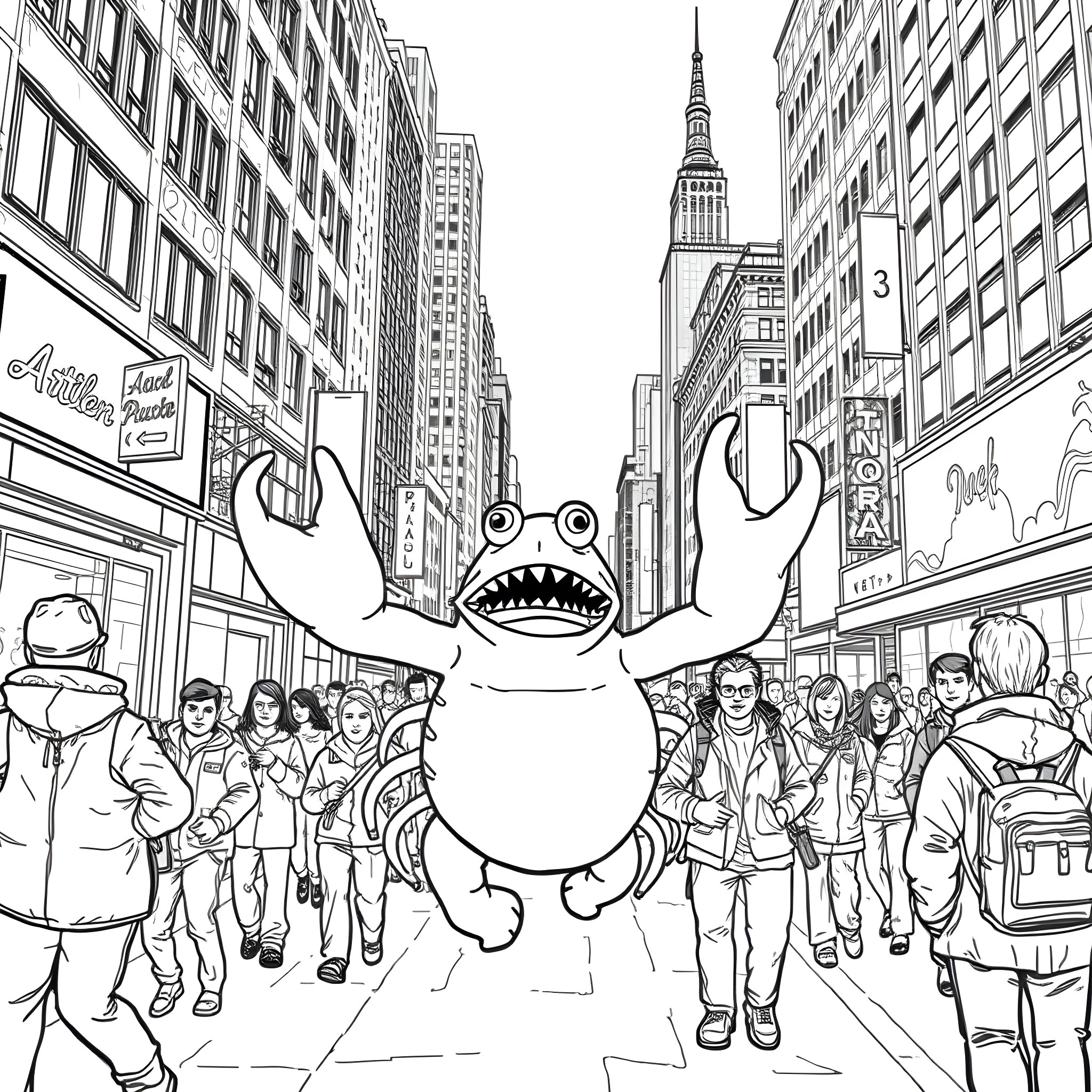 Käfer monster exploring the bustling city streets Coloring Page (free black-and-white line drawing printable PDF for all, from beginners to advanced learners, including children, teens, adults, and seniors)