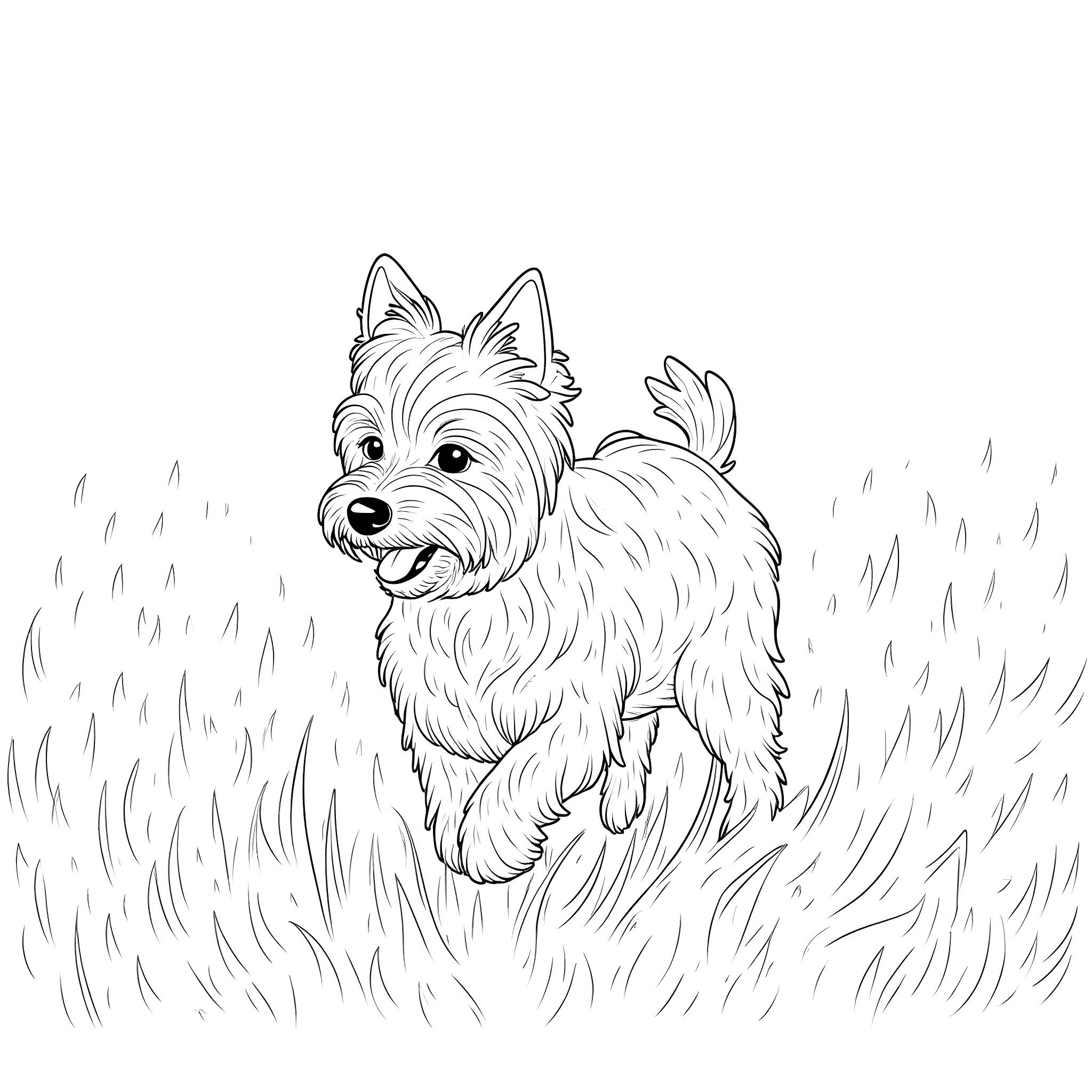 Yorkie playing joyfully in the grass Coloring Page (free black-and-white line drawing printable PDF for all, from beginners to advanced learners, including children, teens, adults, and seniors)