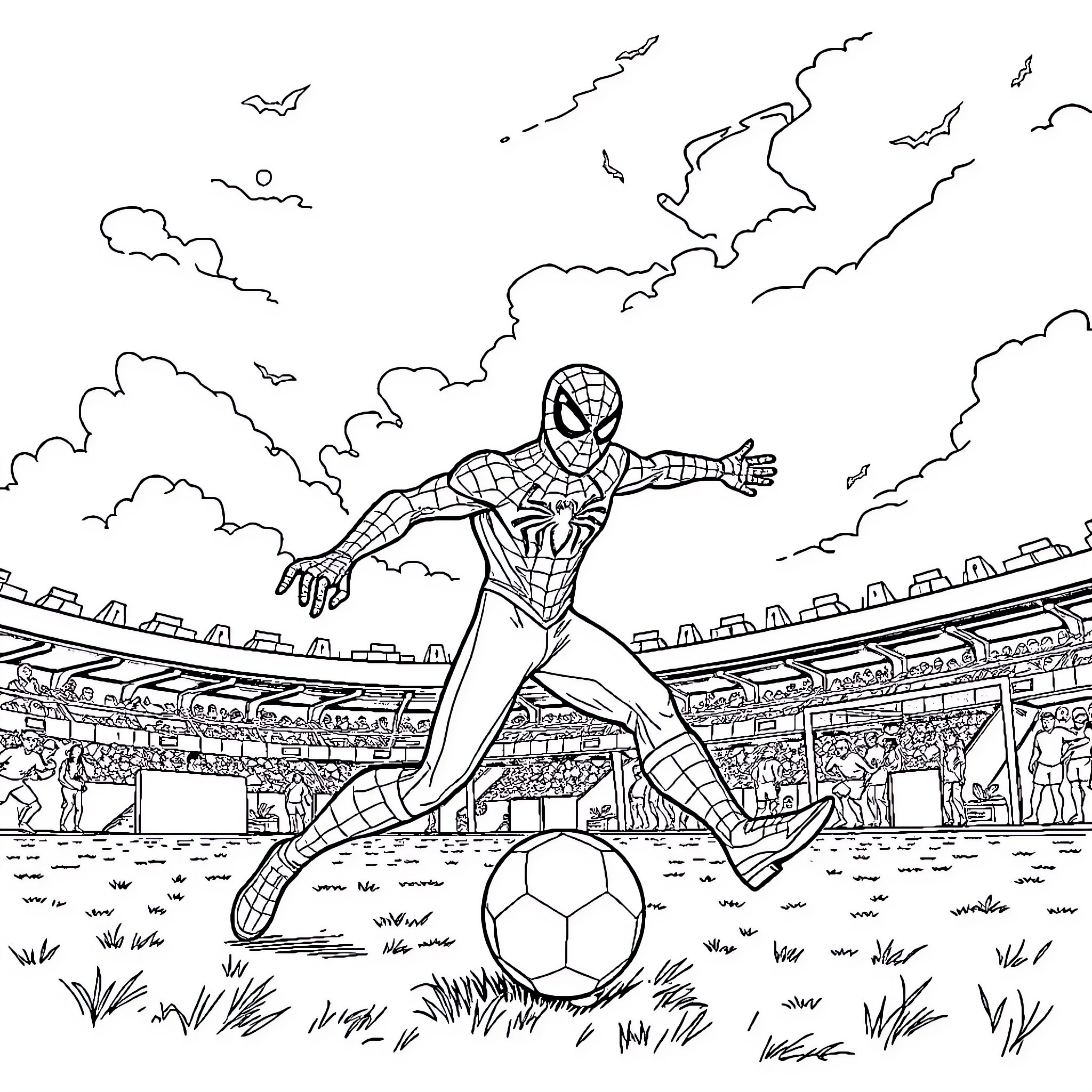 Spiderman playing soccer on the field Coloring Page (free black-and-white line drawing printable PDF for all, from beginners to advanced learners, including children, teens, adults, and seniors)