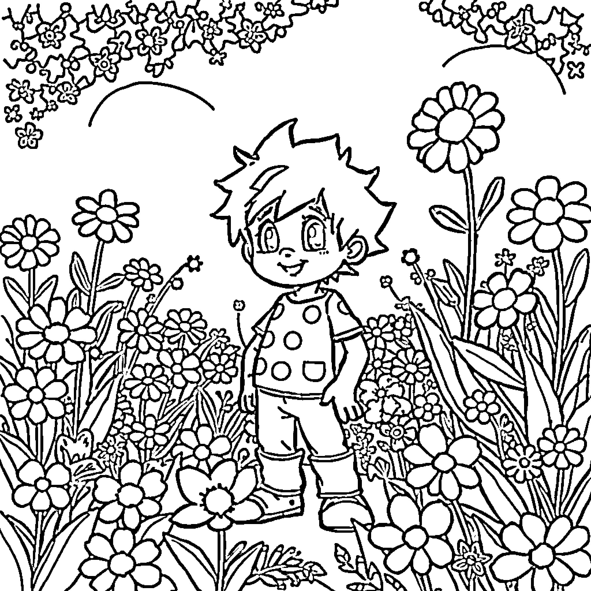 Deku enjoying a flower garden Coloring Page (free black-and-white line drawing printable PDF for all, from beginners to advanced learners, including children, teens, adults, and seniors)