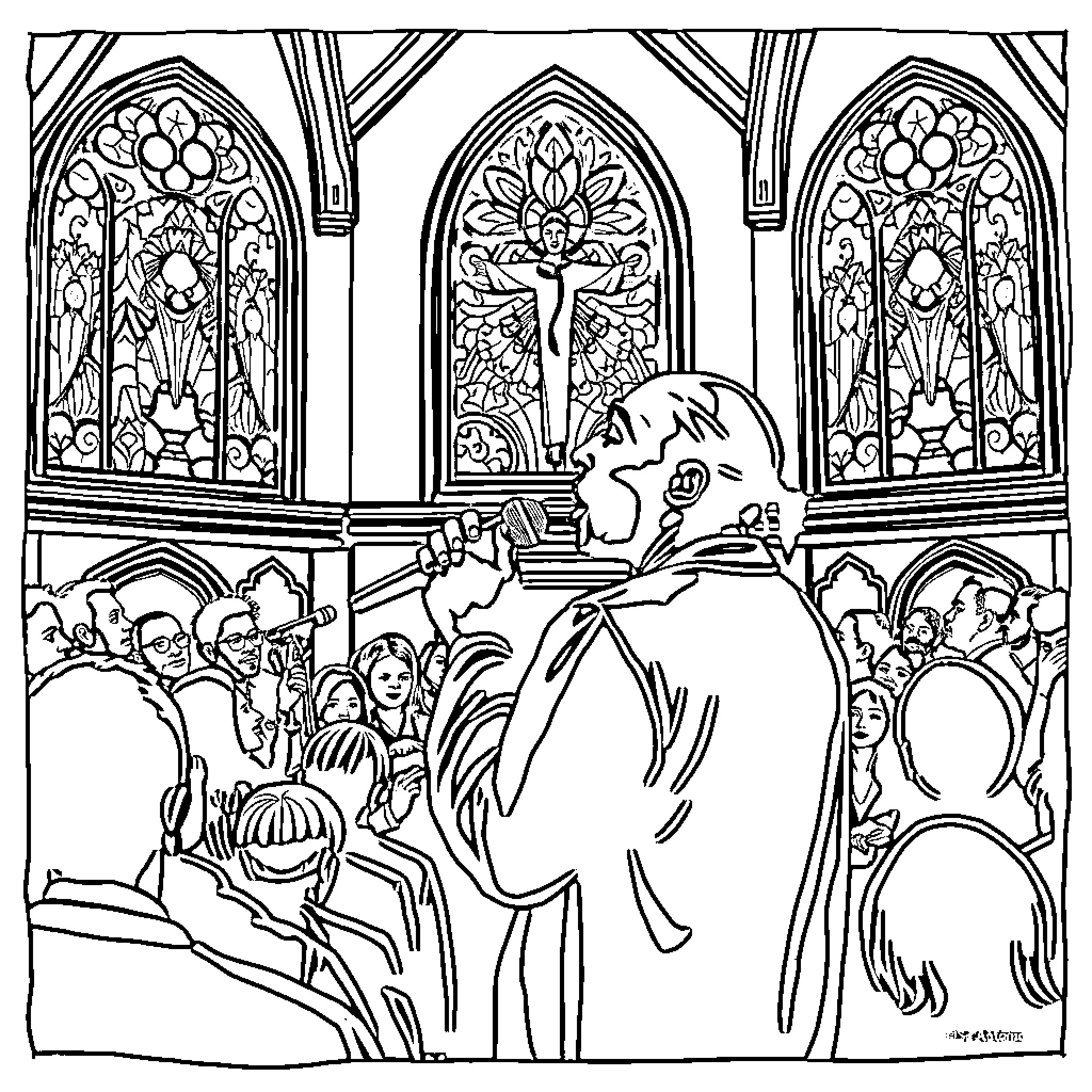 Tupac giving an impassioned speech in a grand cathedral Coloring Page (free black-and-white line drawing printable PDF for all, from beginners to advanced learners, including children, teens, adults, and seniors)