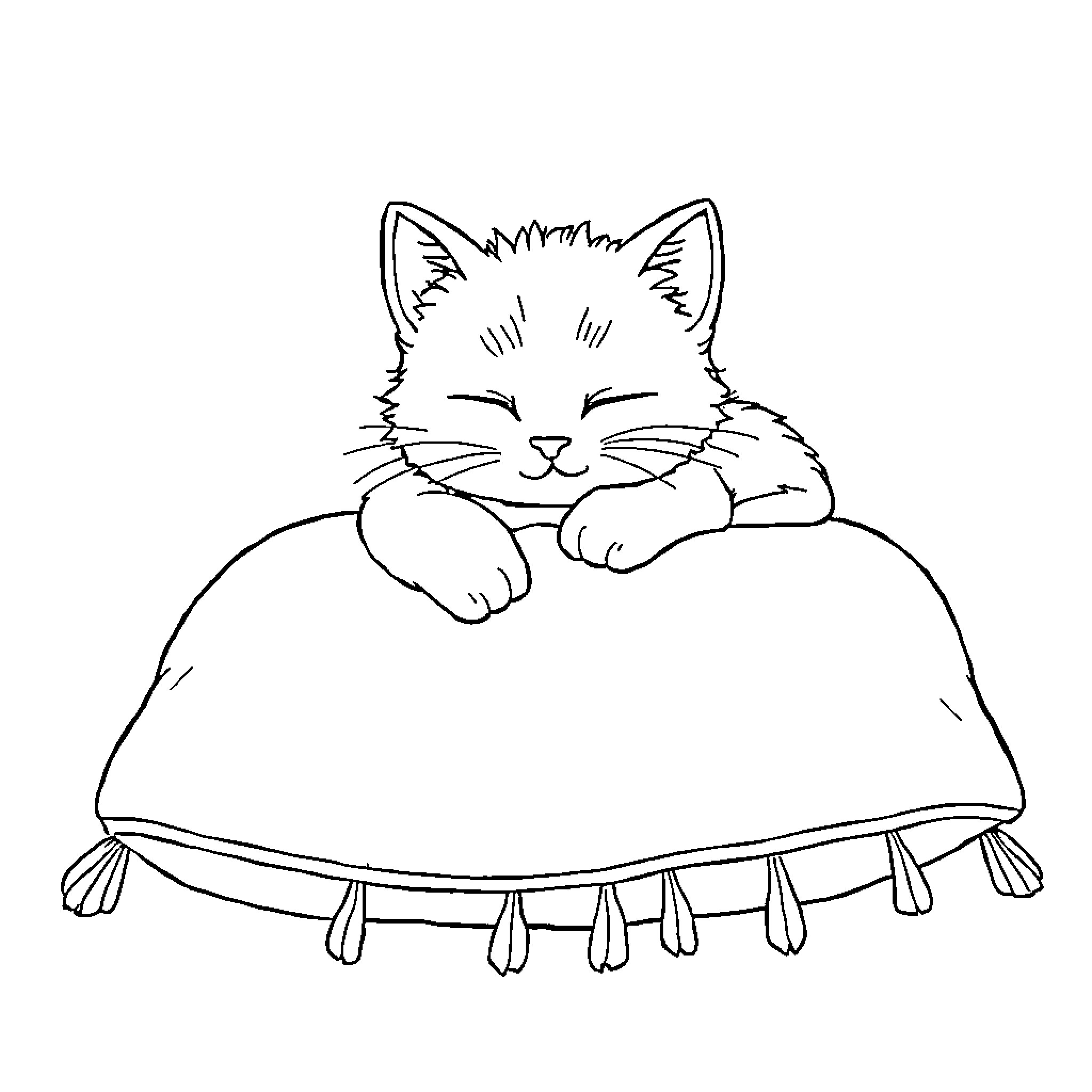 Cat napping peacefully on a cozy pillow Coloring Page (free black-and-white line drawing printable PDF for all, from beginners to advanced learners, including children, teens, adults, and seniors)