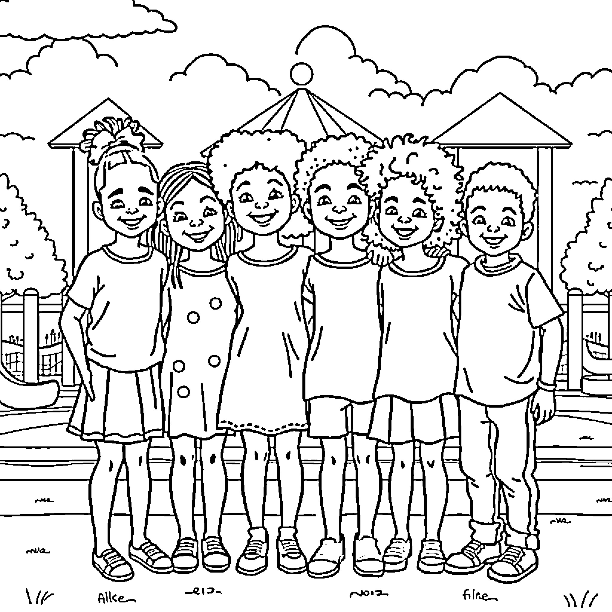 Kid friends enjoying at the playground Coloring Page (free black-and-white line drawing printable PDF for all, from beginners to advanced learners, including children, teens, adults, and seniors)
