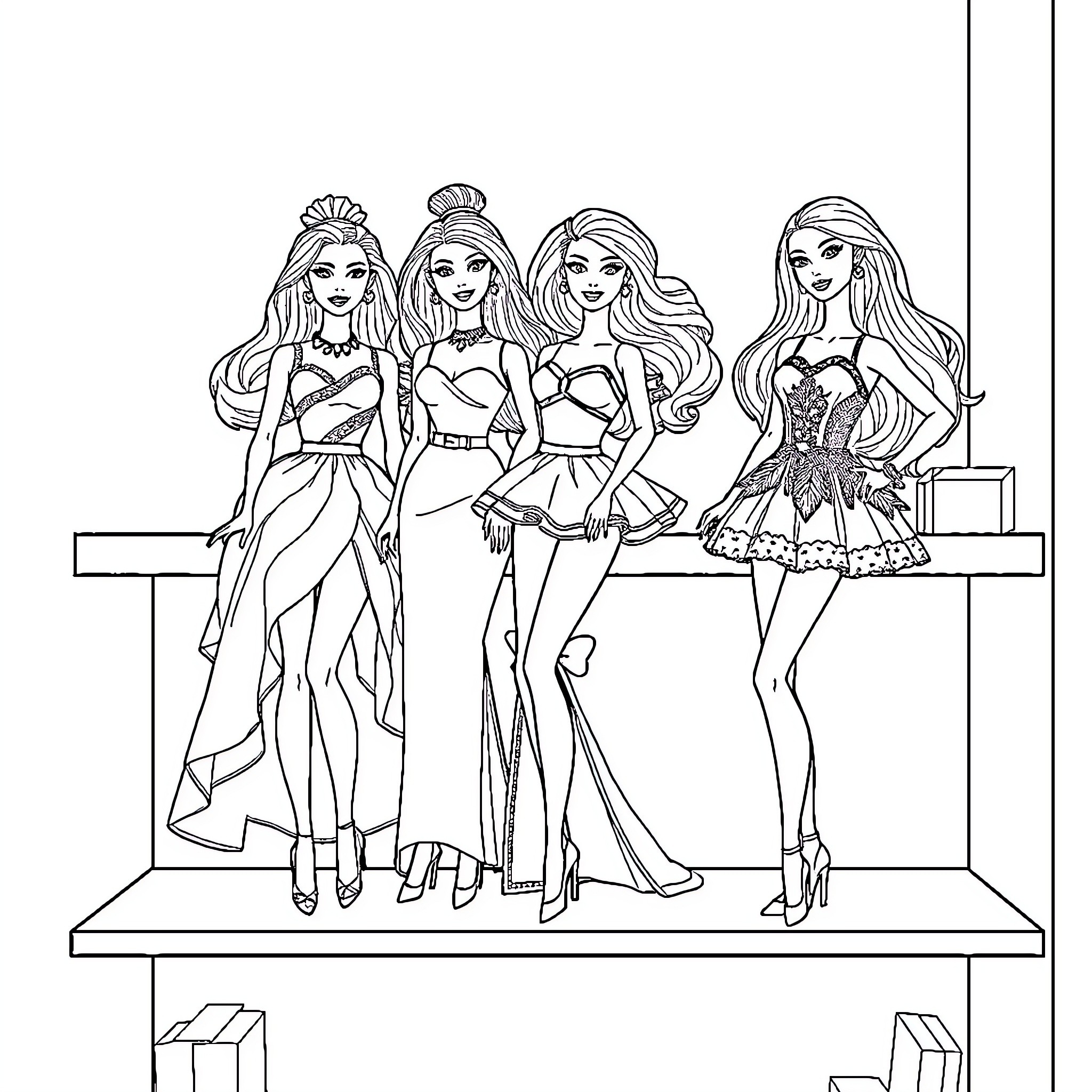 Barbie models showcasing various fashion styles Coloring Page (free black-and-white line drawing printable PDF for all, from beginners to advanced learners, including children, teens, adults, and seniors)