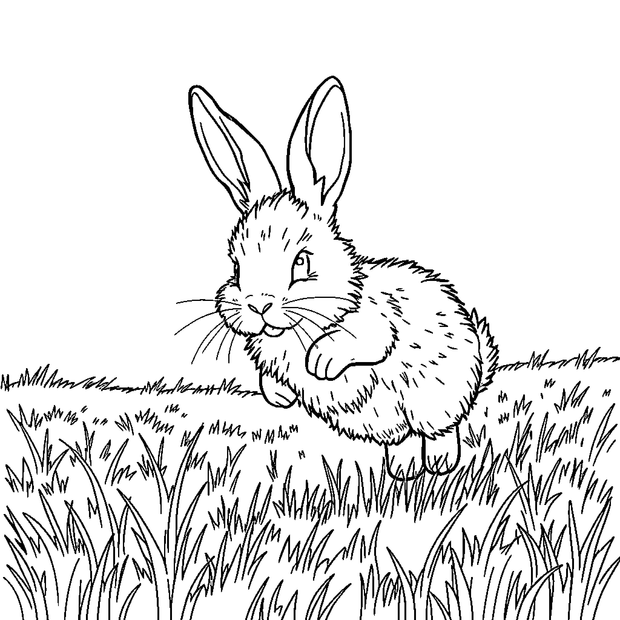 Rabbit sitting peacefully in the meadow Coloring Page (free black-and-white line drawing printable PDF for all, from beginners to advanced learners, including children, teens, adults, and seniors)