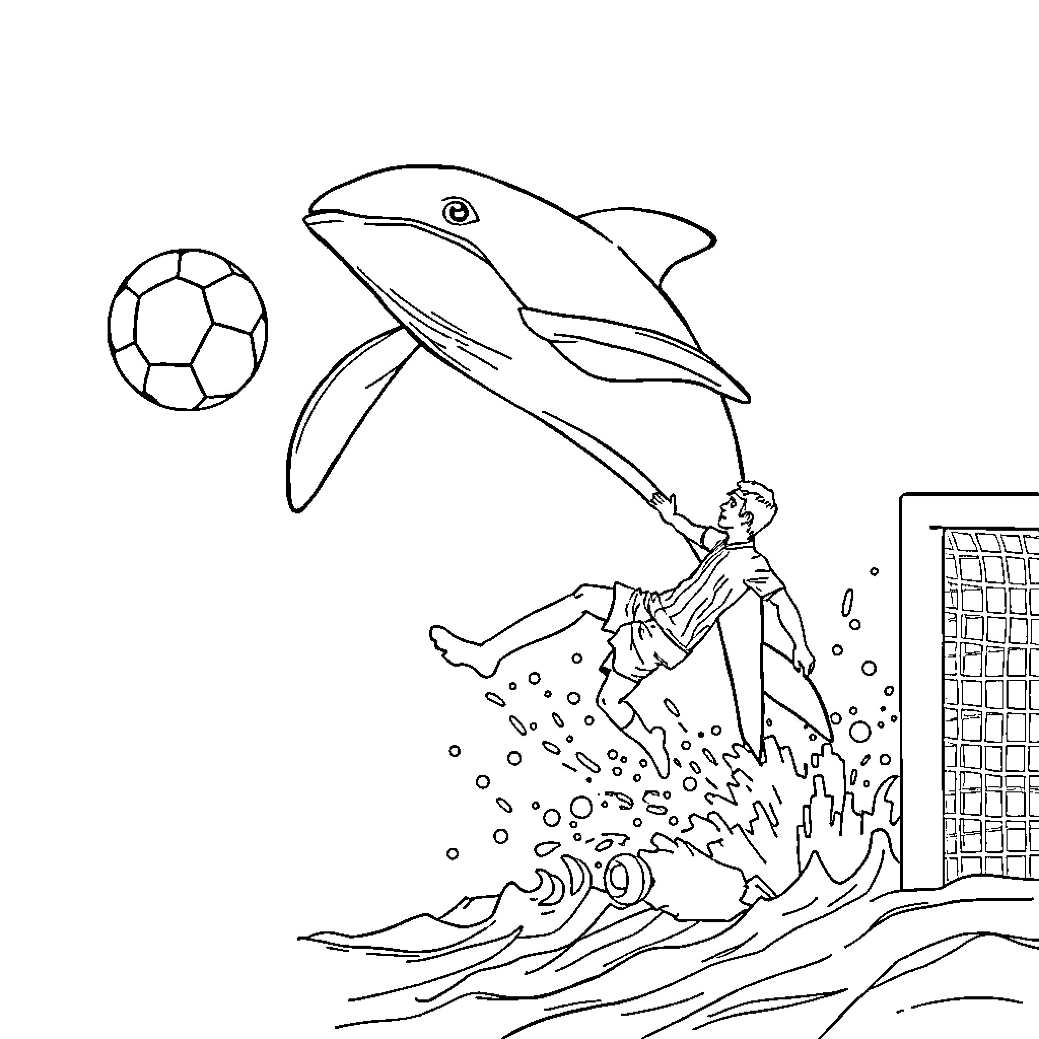 Whale playing with soccer ball in the ocean Coloring Page (free black-and-white line drawing printable PDF for all, from beginners to advanced learners, including children, teens, adults, and seniors)