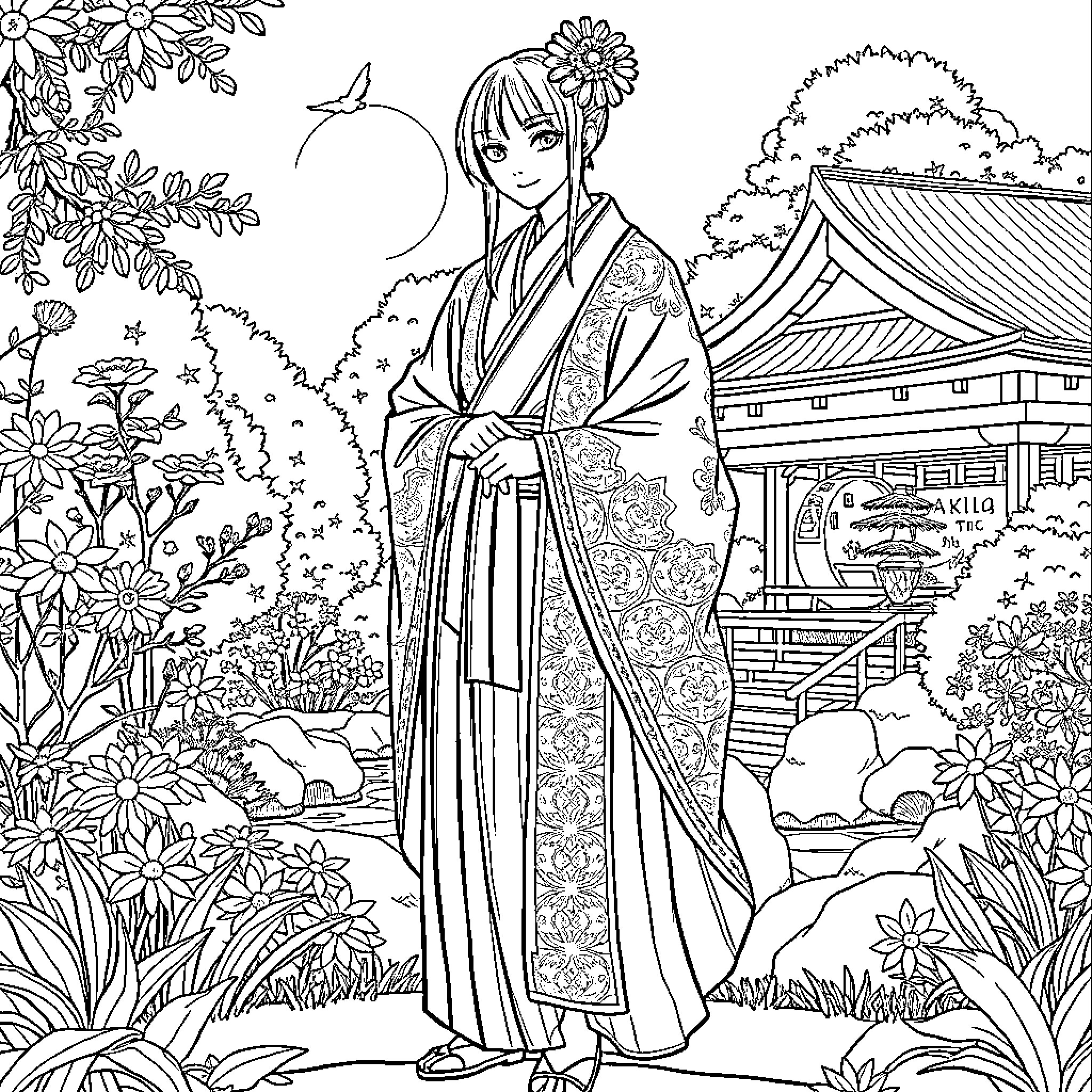 Itachi in Elegant Kimono at Serene Temple Grounds Coloring Page (free black-and-white line drawing printable PDF for all, from beginners to advanced learners, including children, teens, adults, and seniors)