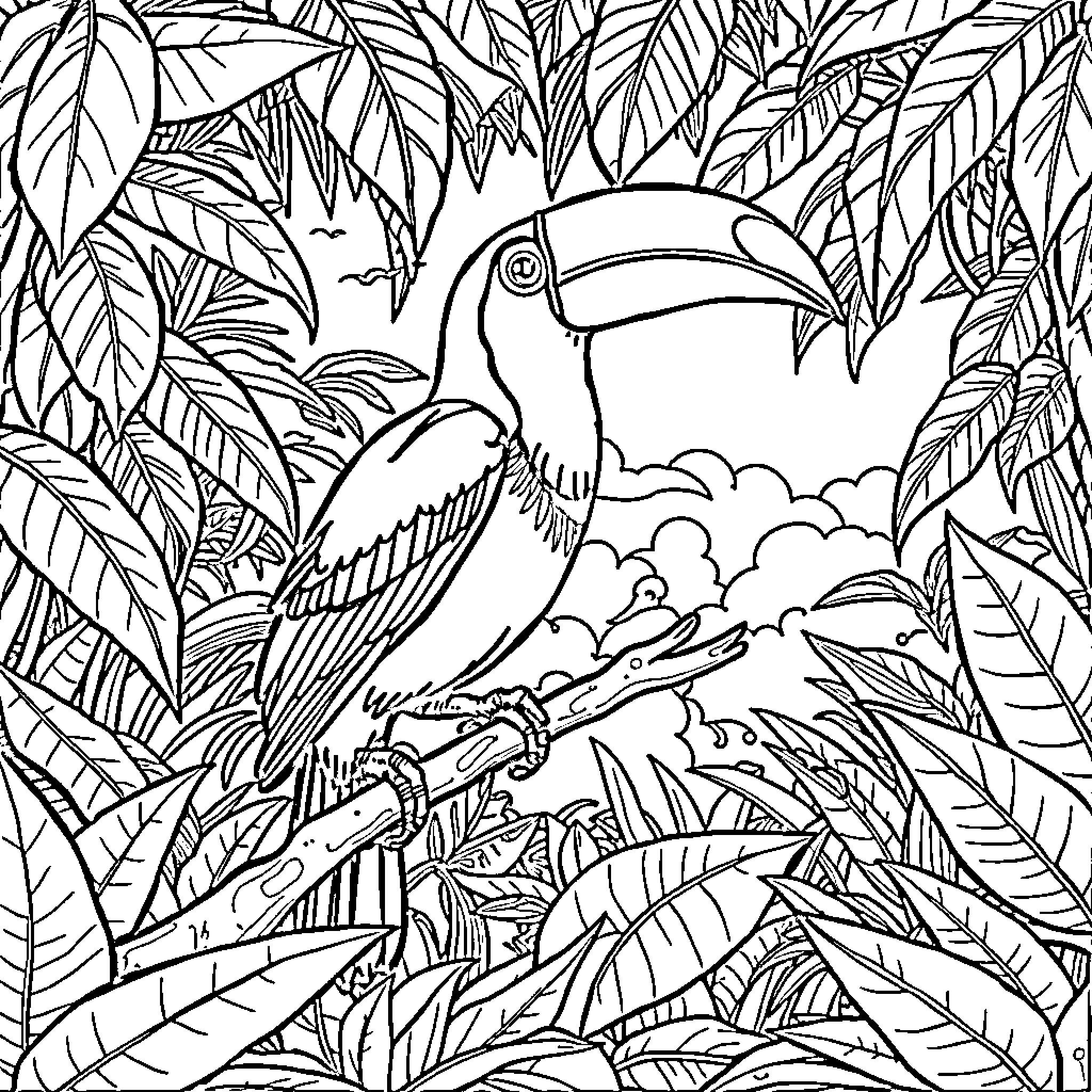 Toucan perched in lush tropical foliage Coloring Page (free black-and-white line drawing printable PDF for all, from beginners to advanced learners, including children, teens, adults, and seniors)