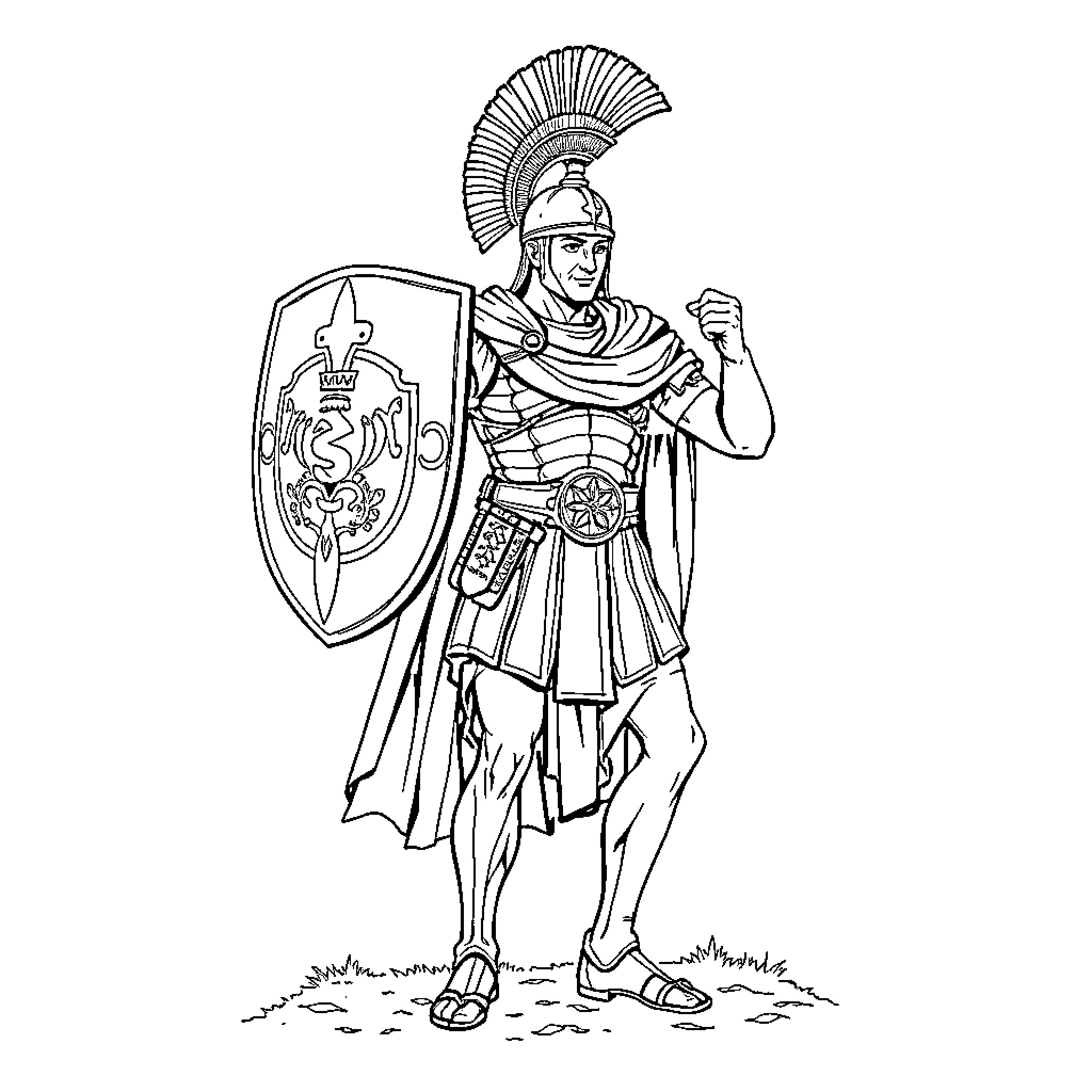 Soldier in Armored Uniform Wielding Shield Coloring Page (free black-and-white line drawing printable PDF for all, from beginners to advanced learners, including children, teens, adults, and seniors)