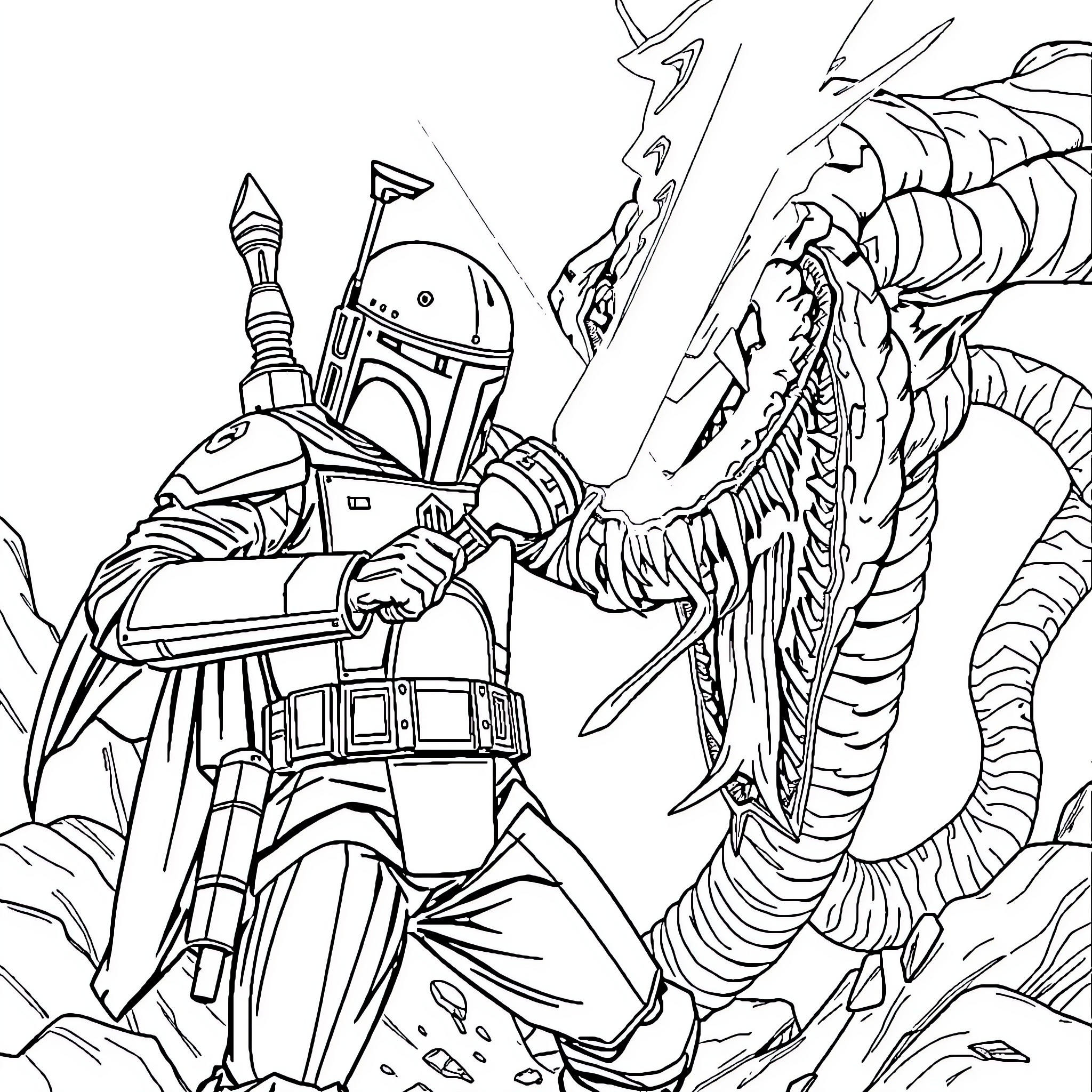 Boba Fett facing off against a fierce dragon Coloring Page (free black-and-white line drawing printable PDF for all, from beginners to advanced learners, including children, teens, adults, and seniors)