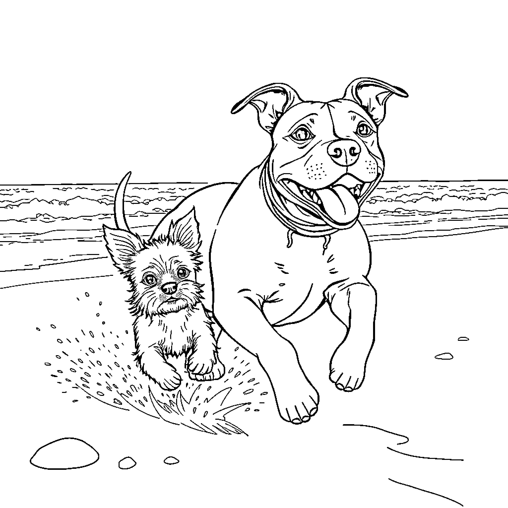 Dogs playing happily on the beach Coloring Page (free black-and-white line drawing printable PDF for all, from beginners to advanced learners, including children, teens, adults, and seniors)