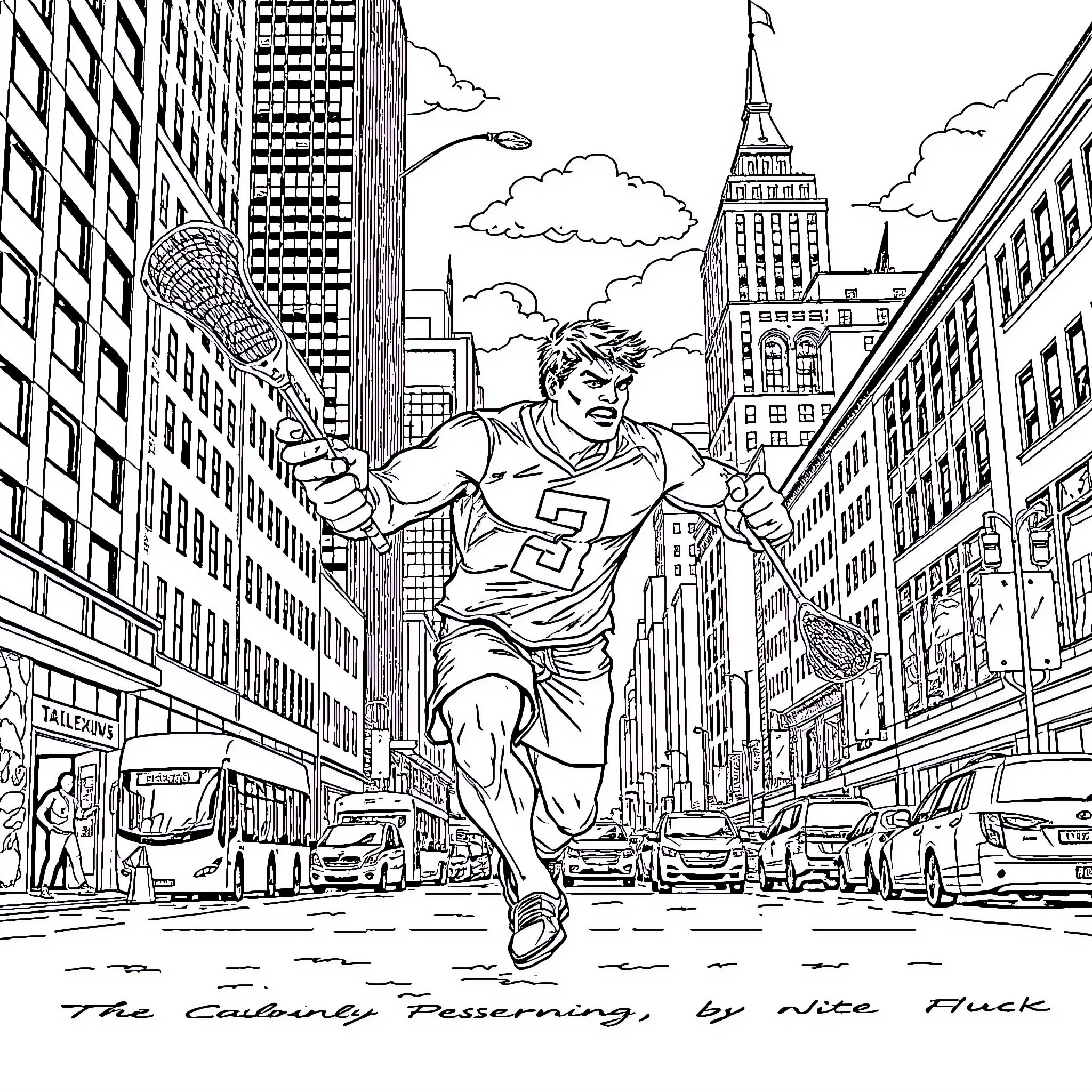 Hulk Rushing Through Busy City Streets Coloring Page (free black-and-white line drawing printable PDF for all, from beginners to advanced learners, including children, teens, adults, and seniors)