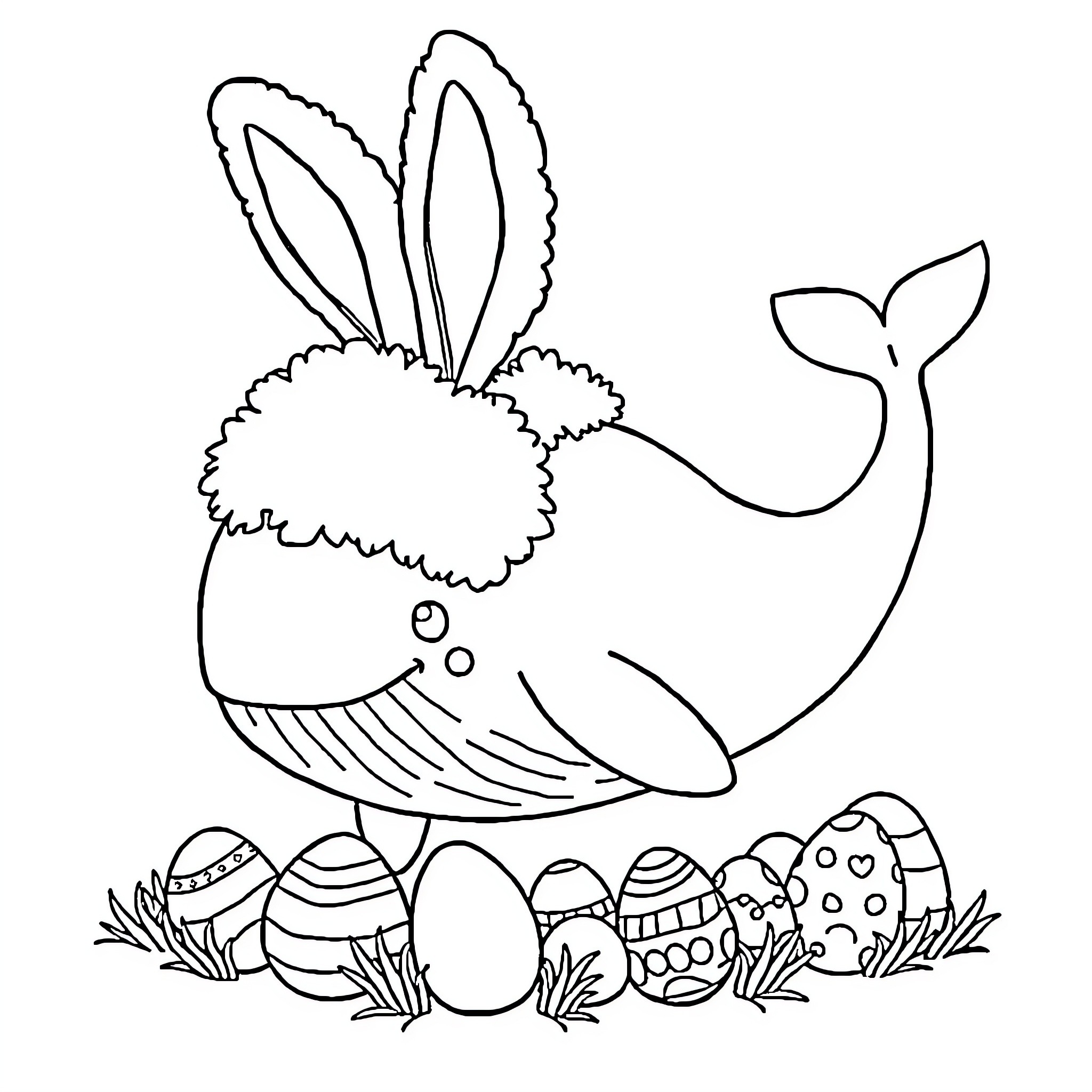 Whale swimming with Easter eggs and bunny ears Coloring Page (free black-and-white line drawing printable PDF for all, from beginners to advanced learners, including children, teens, adults, and seniors)