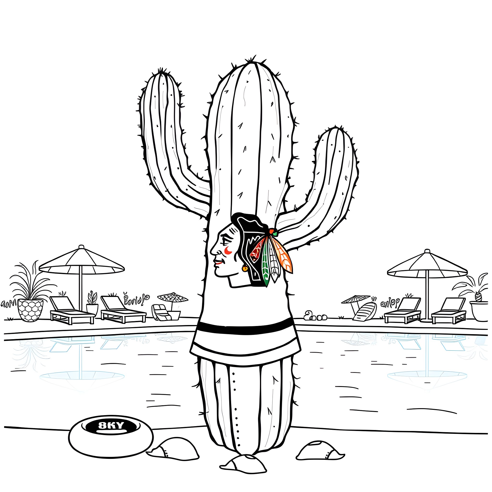 Cactus figure in swimwear by the poolside Coloring Page (free black-and-white line drawing printable PDF for all, from beginners to advanced learners, including children, teens, adults, and seniors)