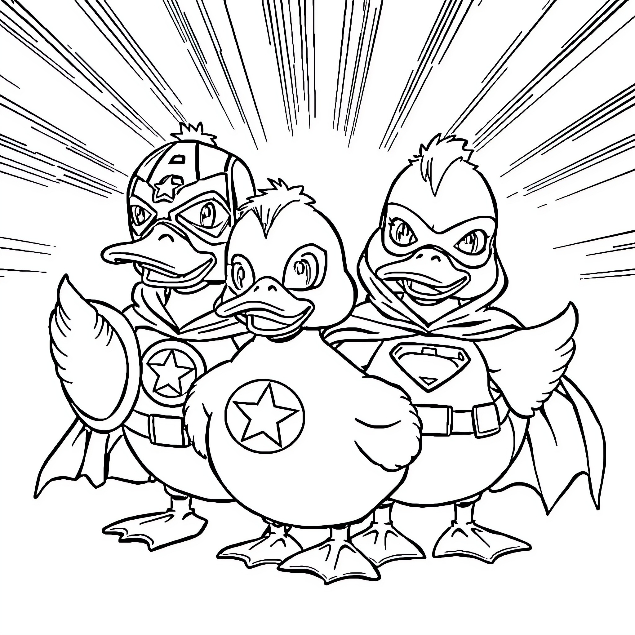 Duck superheroes in epic pose Coloring Page (free black-and-white line drawing printable PDF for all, from beginners to advanced learners, including children, teens, adults, and seniors)