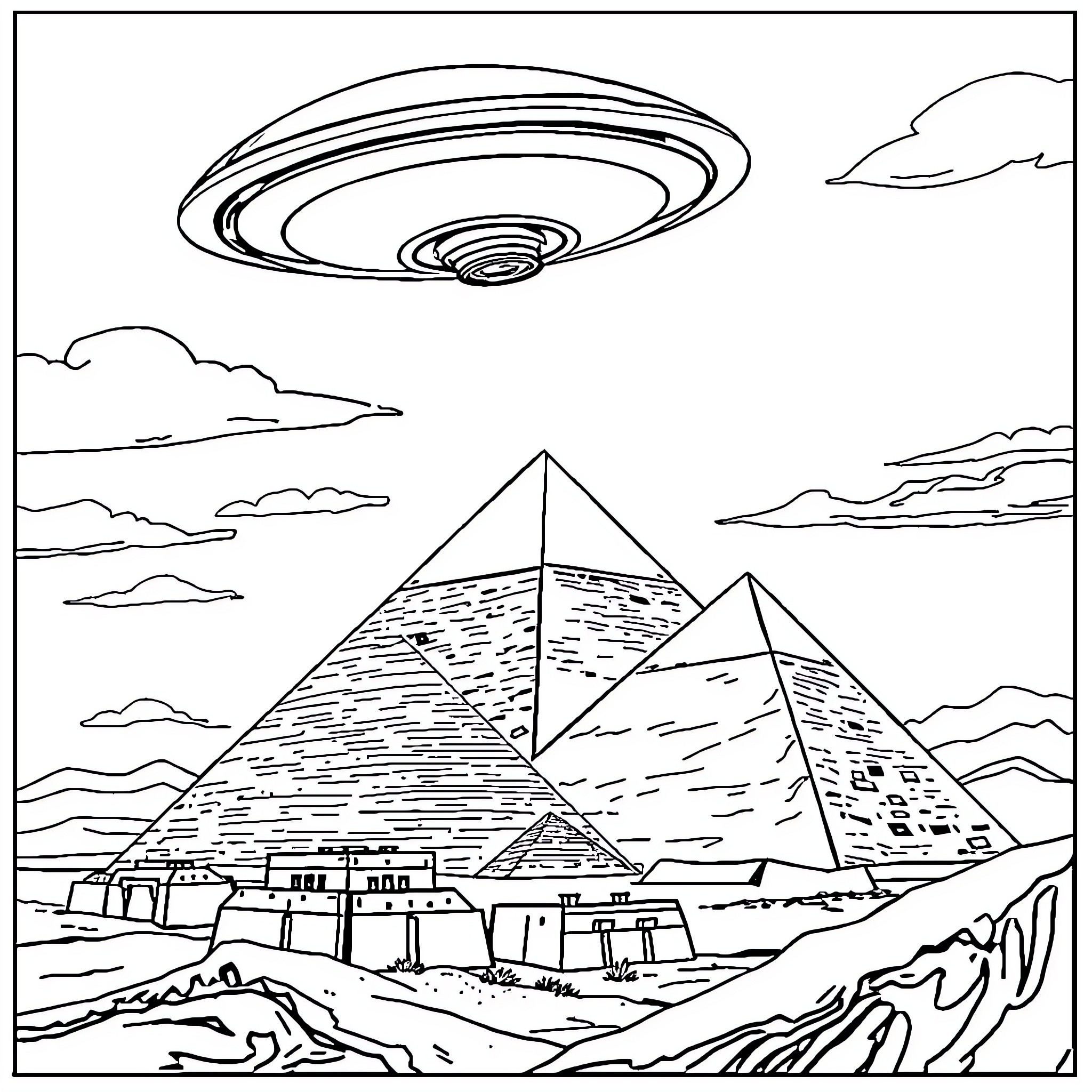 UFO flying over Egyptian pyramids Coloring Page (free black-and-white line drawing printable PDF for all, from beginners to advanced learners, including children, teens, adults, and seniors)