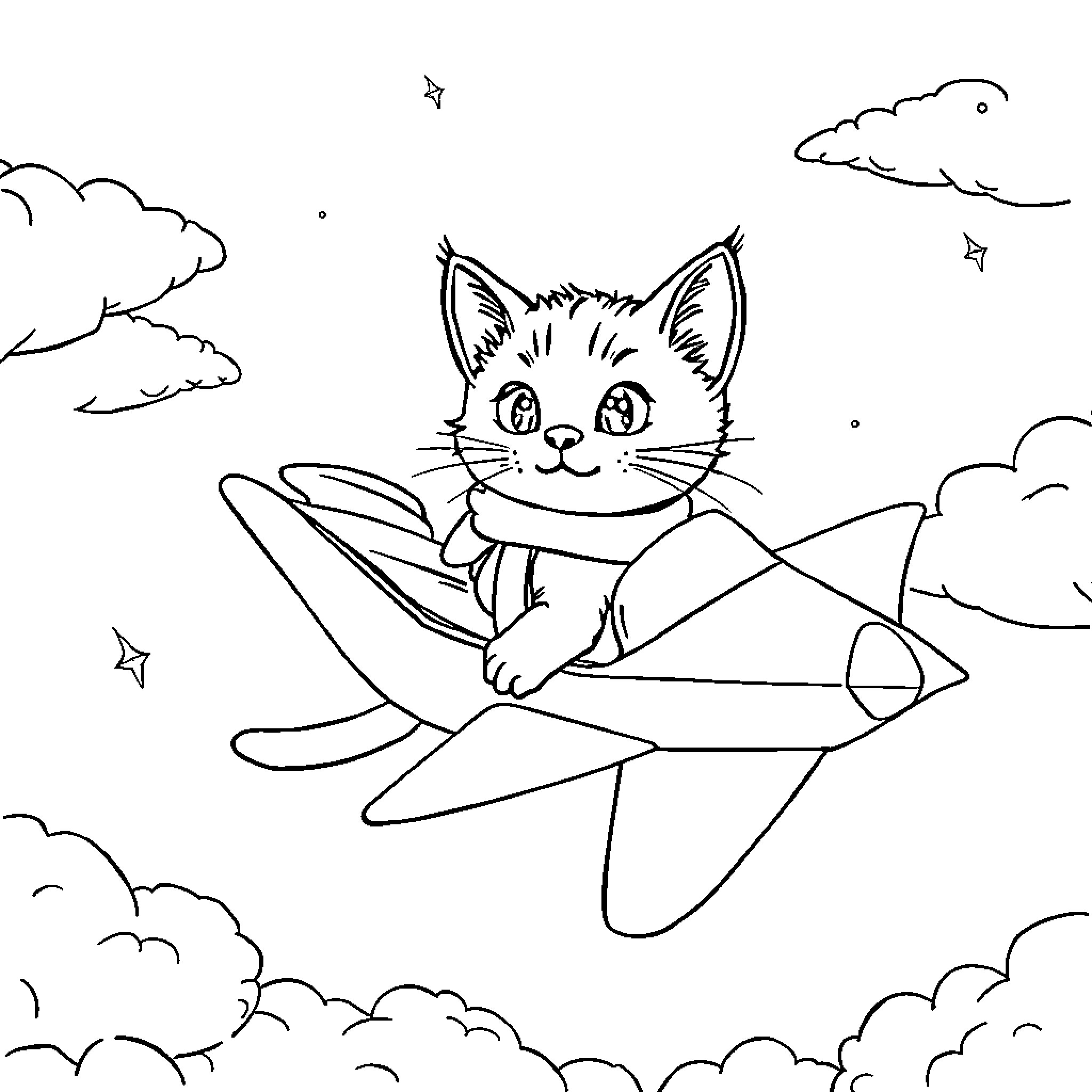 Cat flying in an airplane through the sky Coloring Page (free black-and-white line drawing printable PDF for all, from beginners to advanced learners, including children, teens, adults, and seniors)