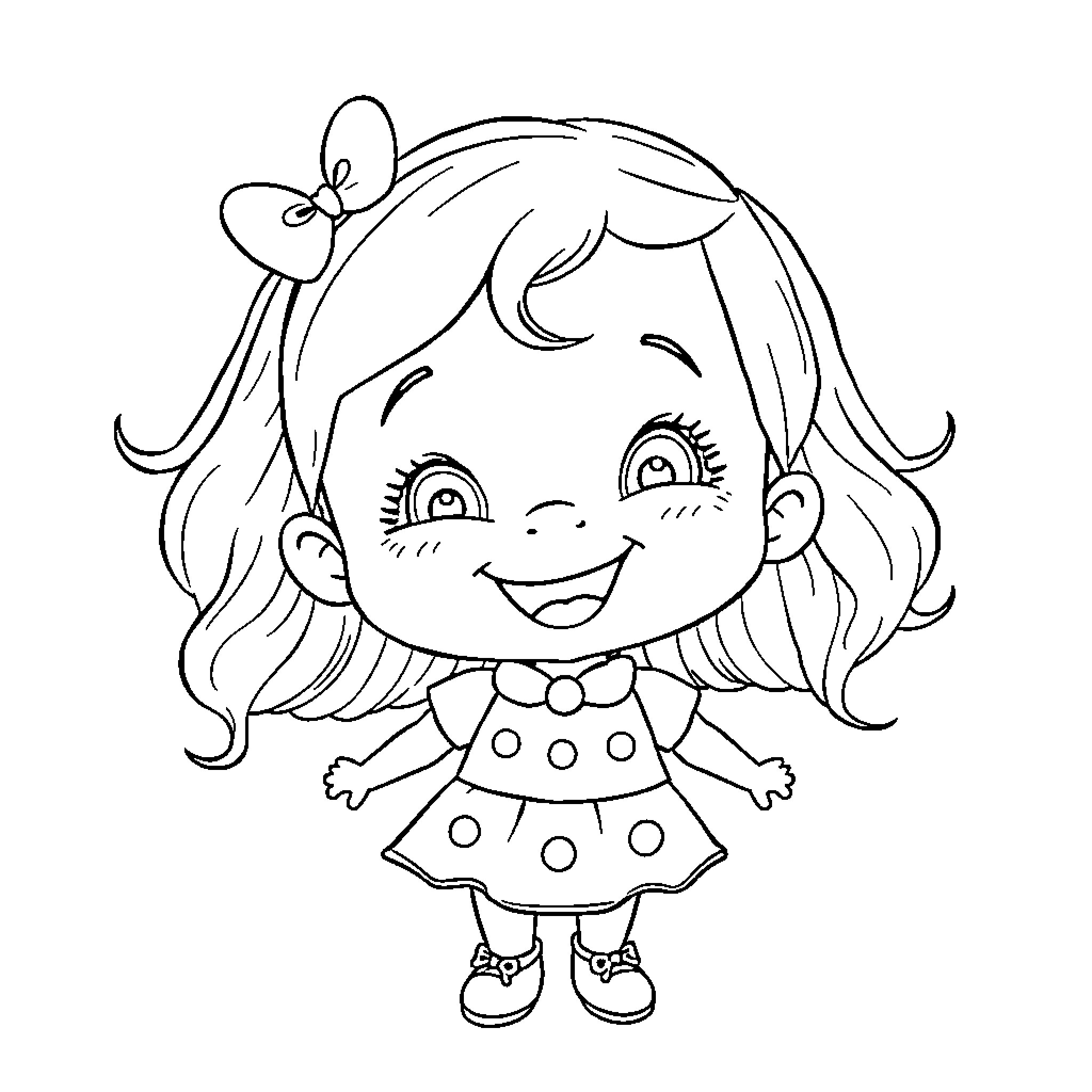 Bebe girl with big smile and bow Coloring Page (free black-and-white line drawing printable PDF for all, from beginners to advanced learners, including children, teens, adults, and seniors)