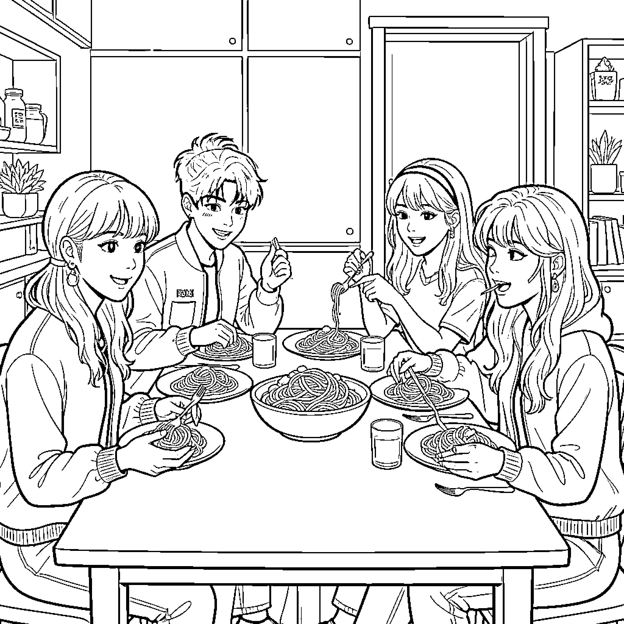 K Pop idols enjoying a meal together at a table Coloring Page (free black-and-white line drawing printable PDF for all, from beginners to advanced learners, including children, teens, adults, and seniors)