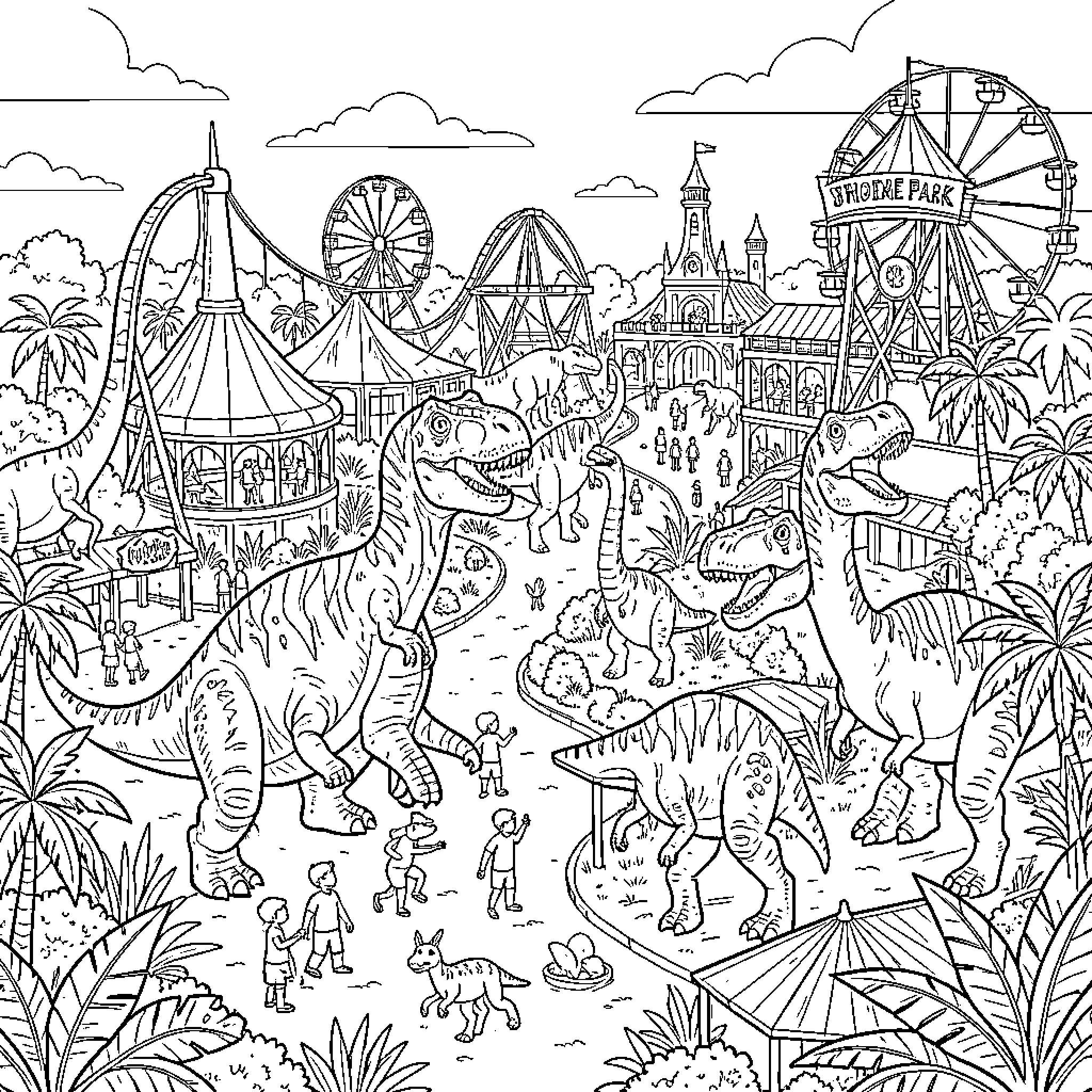 Dinosaur creatures enjoying an exciting day at an amusement park Coloring Page (free black-and-white line drawing printable PDF for all, from beginners to advanced learners, including children, teens, adults, and seniors)