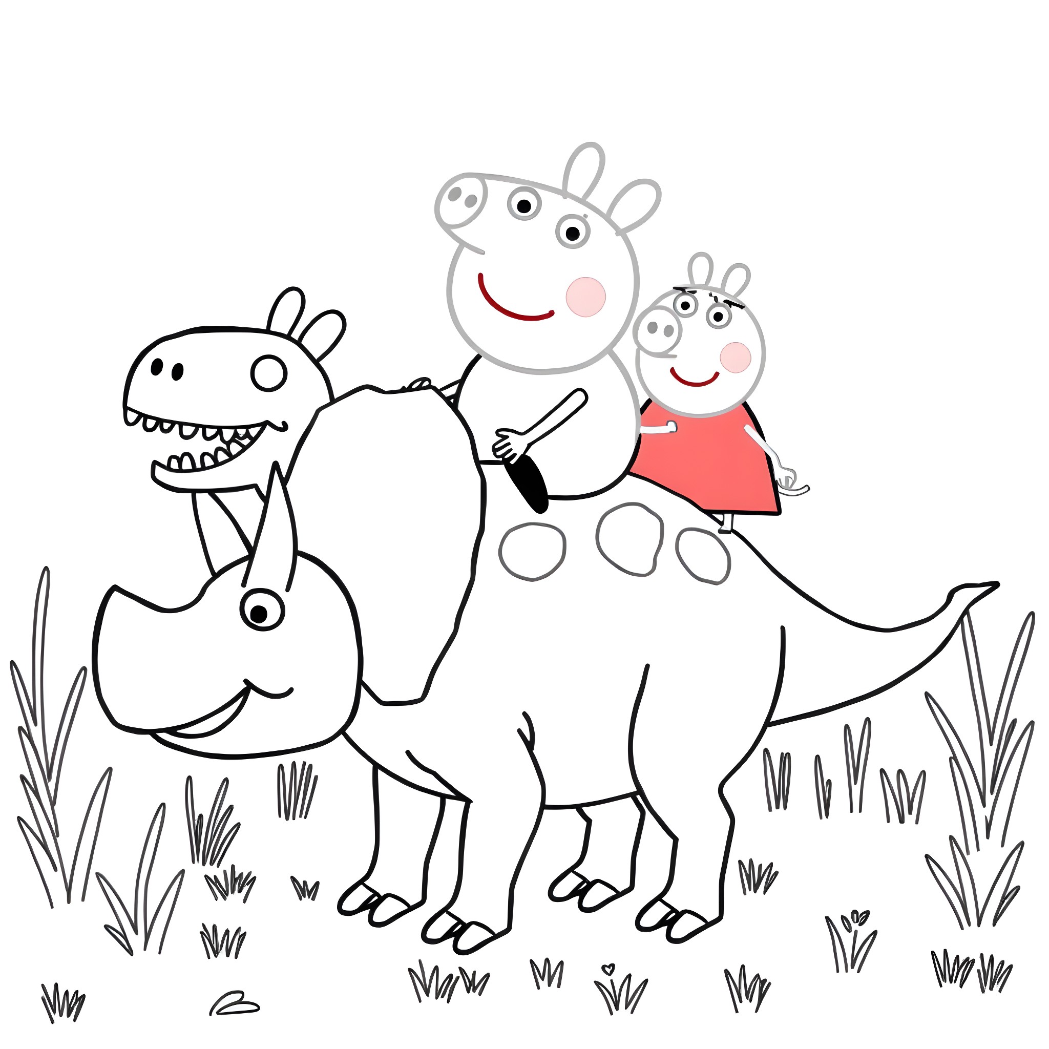 Peppa Pig playing with dinosaur friends Coloring Page (free black-and-white line drawing printable PDF for all, from beginners to advanced learners, including children, teens, adults, and seniors)